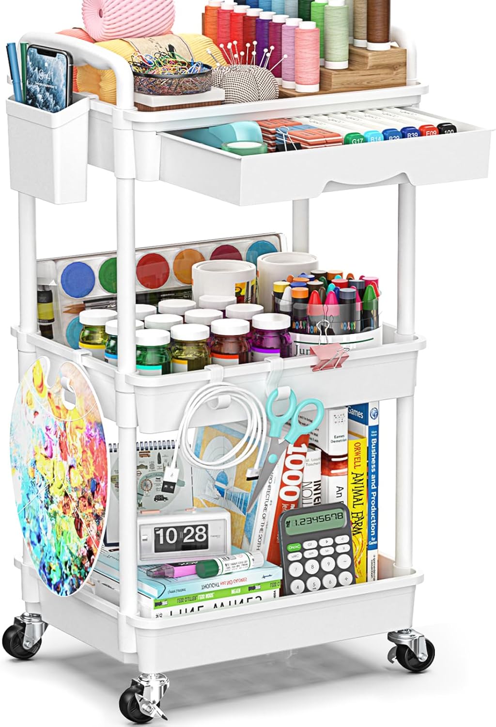 3 Tier Rolling Cart with Drawer, Bathroom Storage Organizer with 2 Lockable Wheels, Multifunctional Rolling Storage Cart for Bathroom, Kitchen, Office, Craft, Makeup, Baby Essentials, White