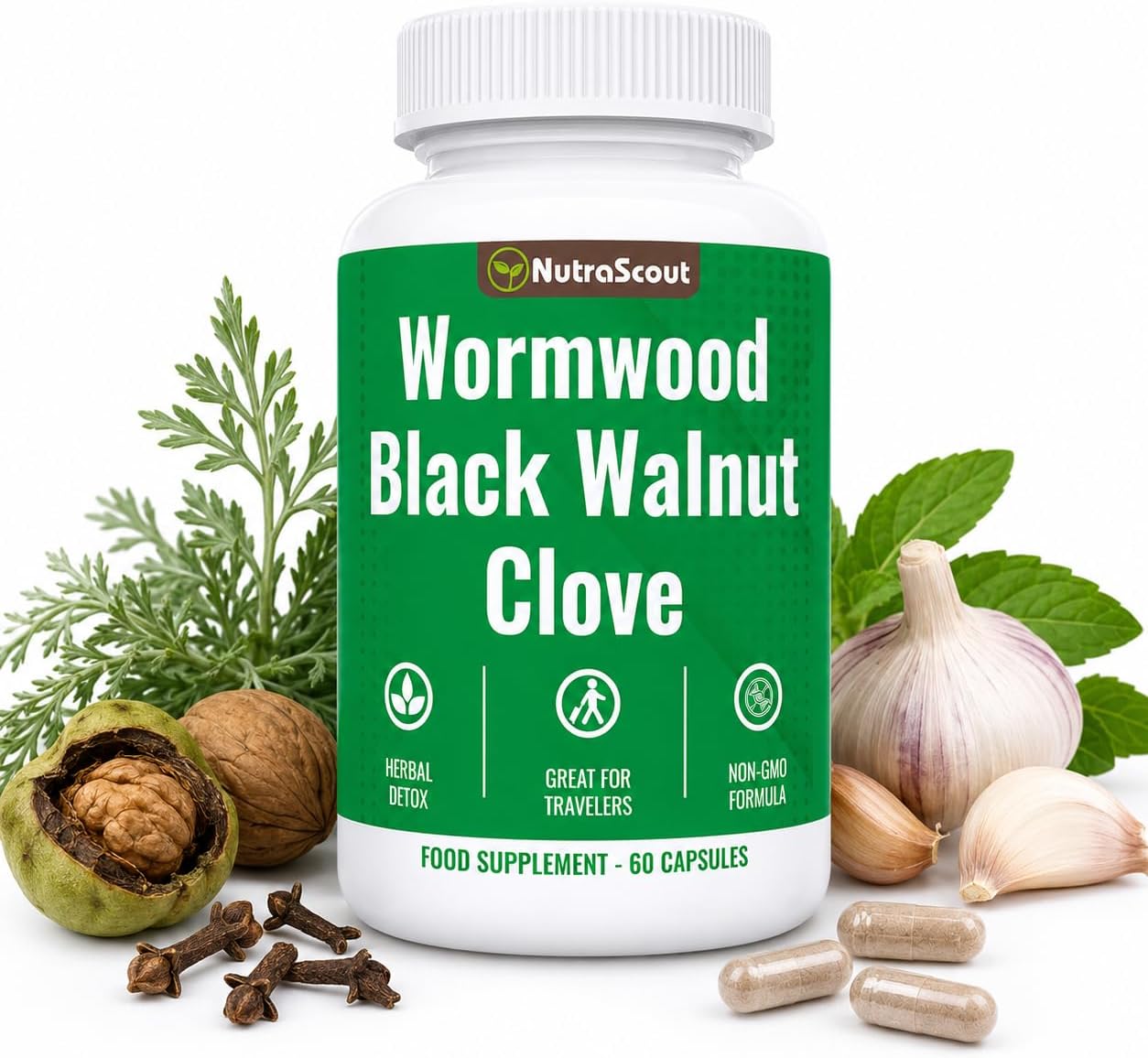 Wormwood Black Walnut and Clove Cleanse for Humans | Gut, Colon & Bowel Cleanse | 16 Botanical Formula | Lab Tested | Non-GMO | 60 Capsules