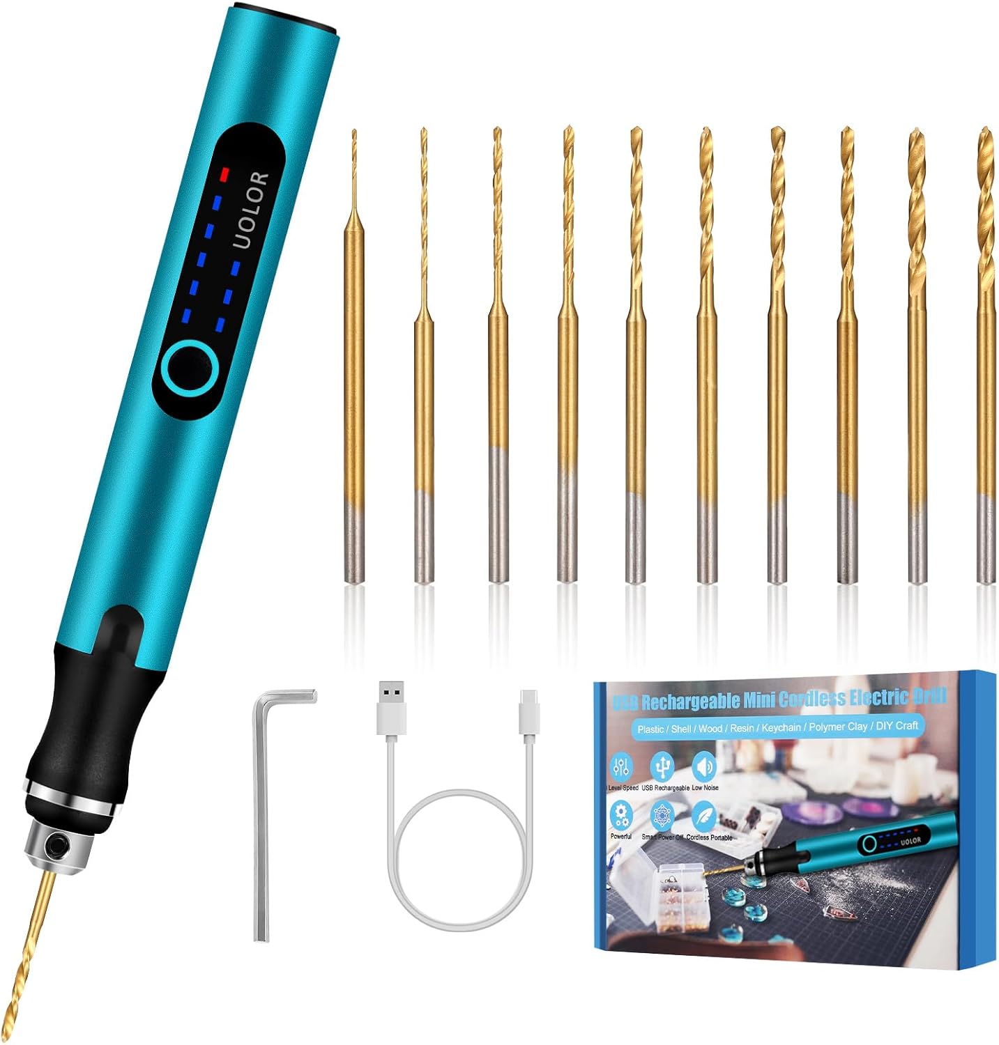 Uolor 3-Speed Cordless Mini Drill Pen, Rechargeable DIY Electric Hand Drill with 10 Small Drill Bits, Micro Drill Set for Jewelry Making Wood Stone Plastic Resin Keychains