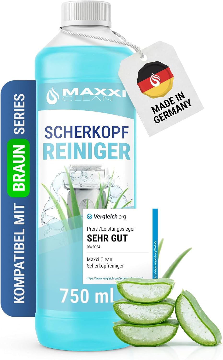 Maxxi Clean | Shaver Head Cleaner for Cleaning Cartridge | 750 ml Refill Liquid | Shaver Cleaning Fluid Compatible with Braun Cleaning Station | Cleaning Spray with Aloe Vera Scent