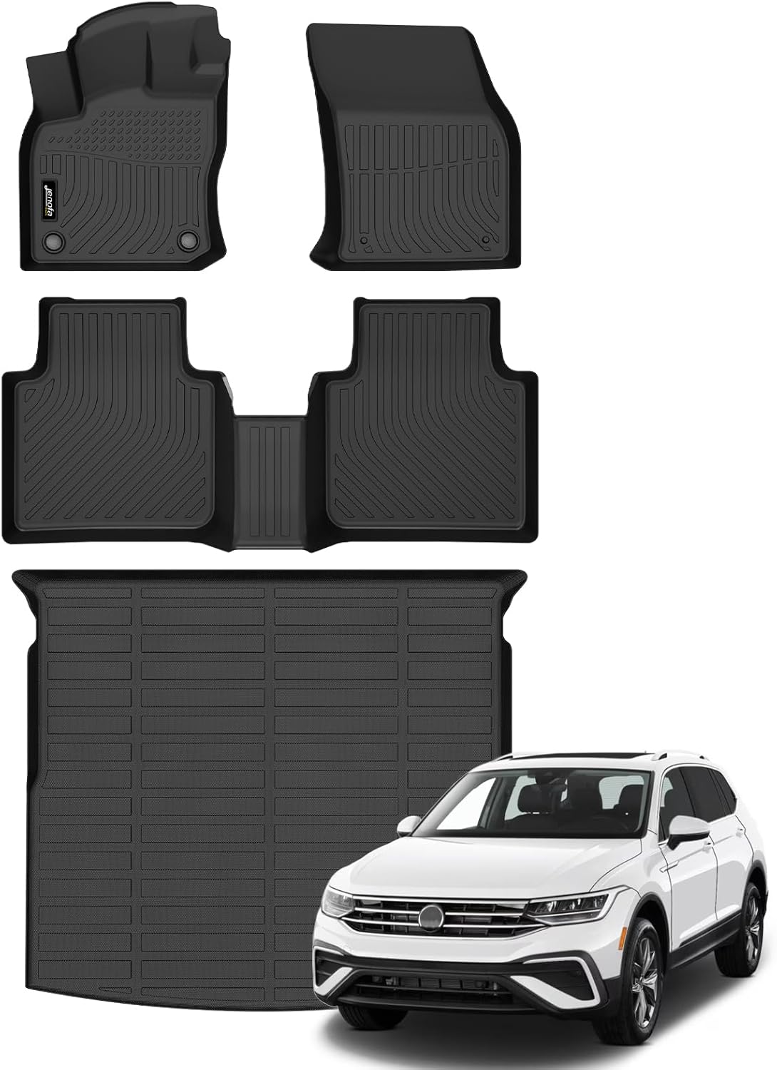 Jenofa-Car Floor Mats & Cargo Liner for VW Tiguan 2018-2024 5 Seats All Weather Mats Set Custom Full Set High Edge Waterproof Durable Floor Liners for Volkswagen Tiguan Accessories Black