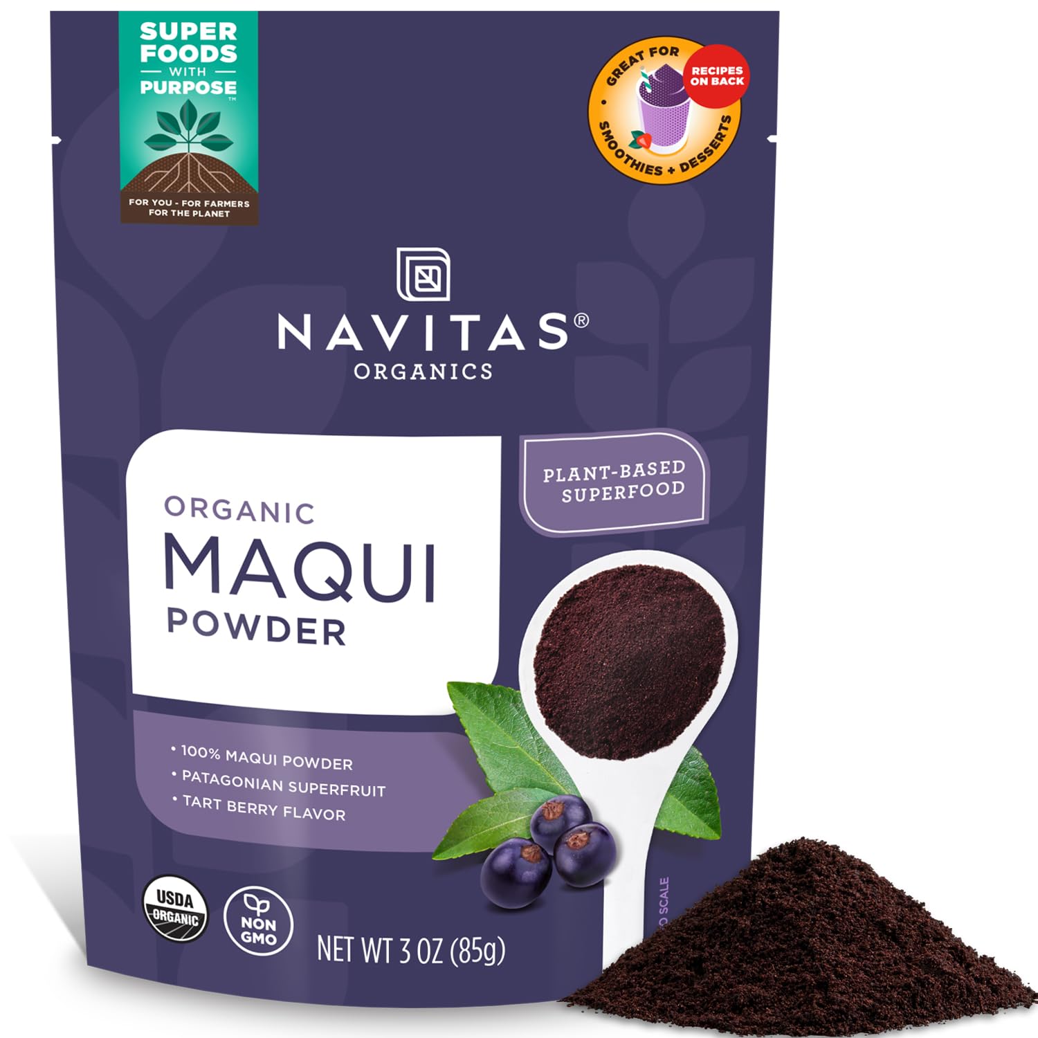Navitas Organics Maqui Powder, 3 oz. Bag - Organic, Non-GMO, Freeze-Dried, Gluten-Free