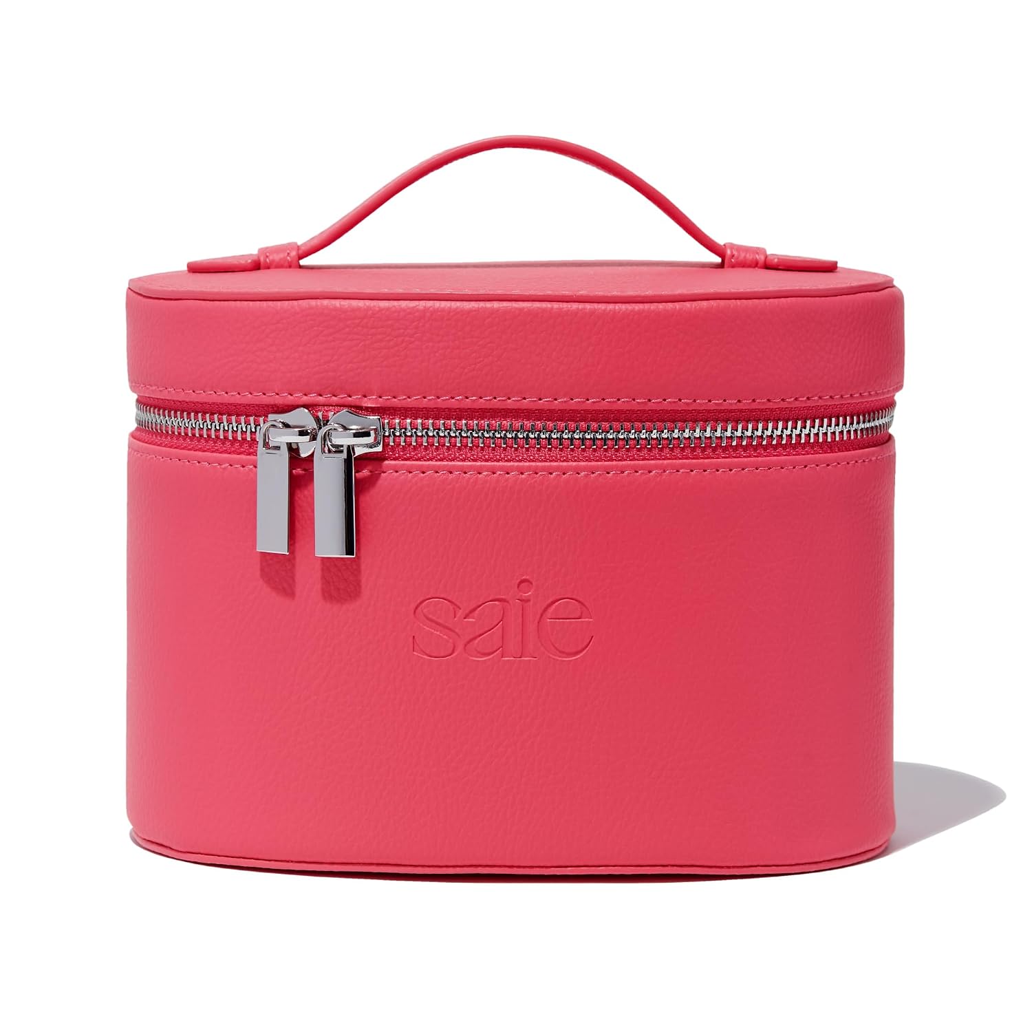 Saie Mini Vanity Case - Vegan Leather Makeup Bag + Travel Toiletry Bag With Removable Interior Organizer - Durable + Portable Makeup Pouch with Carrying Handle + Zipper Closure - Fuschia