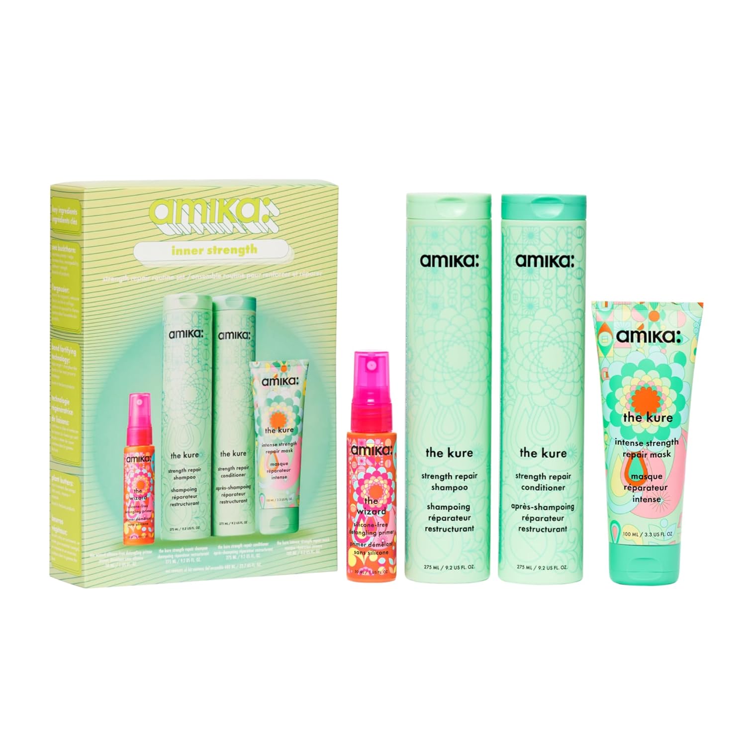 amika inner strength repair routine set | gift set for dry, damaged hair from bleach, color, chemical, or heat use