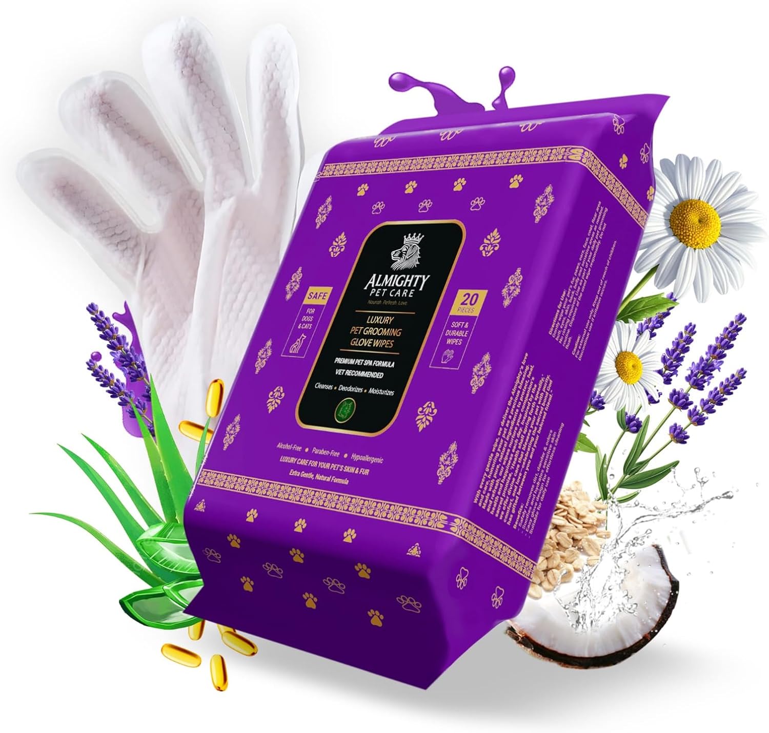Premium Luxury Glove Wipes for Dogs & Cats – 20 Count | Hypoallergenic, No-Rinse, Deodorizing Spa Wipes with Lavender | Vet Recommended | Soft & Safe Formula