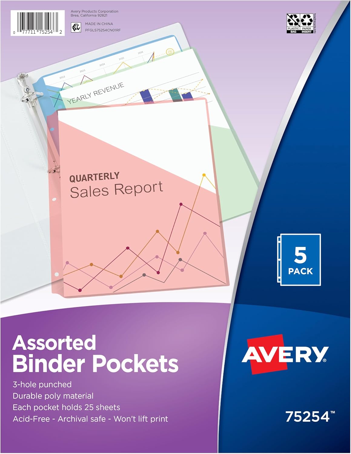 Avery Binder Pockets, Assorted Colors, 8.5" x 11", Acid-Free, Durable, 5 Slash Jackets (75254)