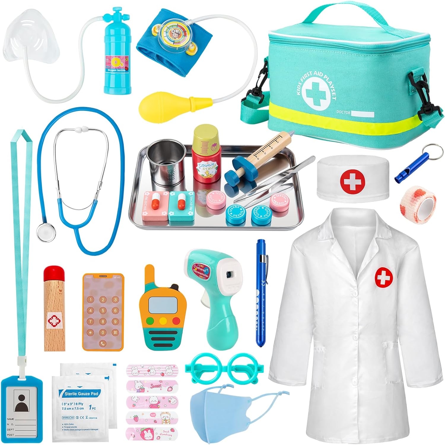 Sundaymot Kids Doctors Wooden Kit, 34 Pcs, with Real Stethoscope, Portable Doctors Bag, Pretend Role Play Medical Kit Toys for 3-6 Year Old Toddlers