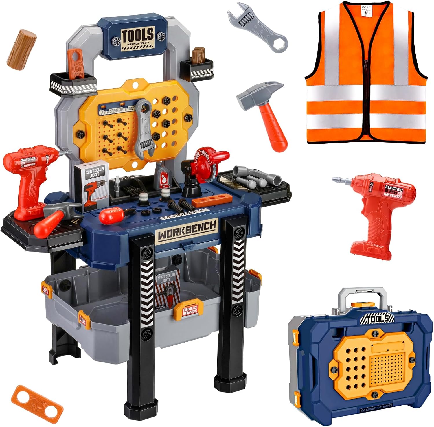 Kids Tool Bench with Realistic Tools and Electric Drill, Suitable for 3-5 Year Olds to Build Their Own Toy Workbench, 79 Pcs Realistic Toy Tools with Clothes, 32 x 26.6 x 14.4 in-Blue