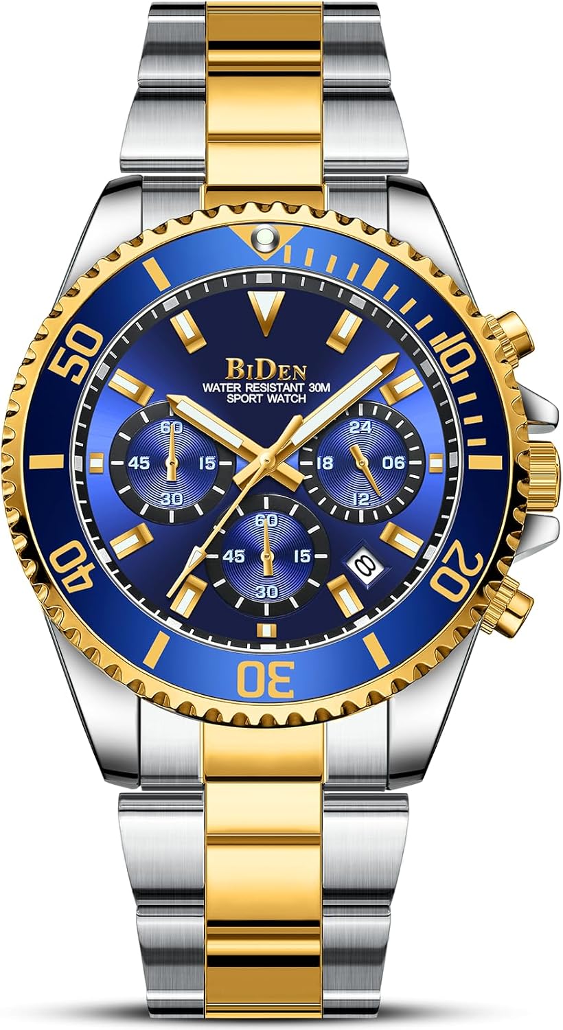 BIDEN Mens Watches Chronograph Stainless Steel Waterproof Date Analog Quartz Watch Business Casual Fashion Wrist Watches for Men