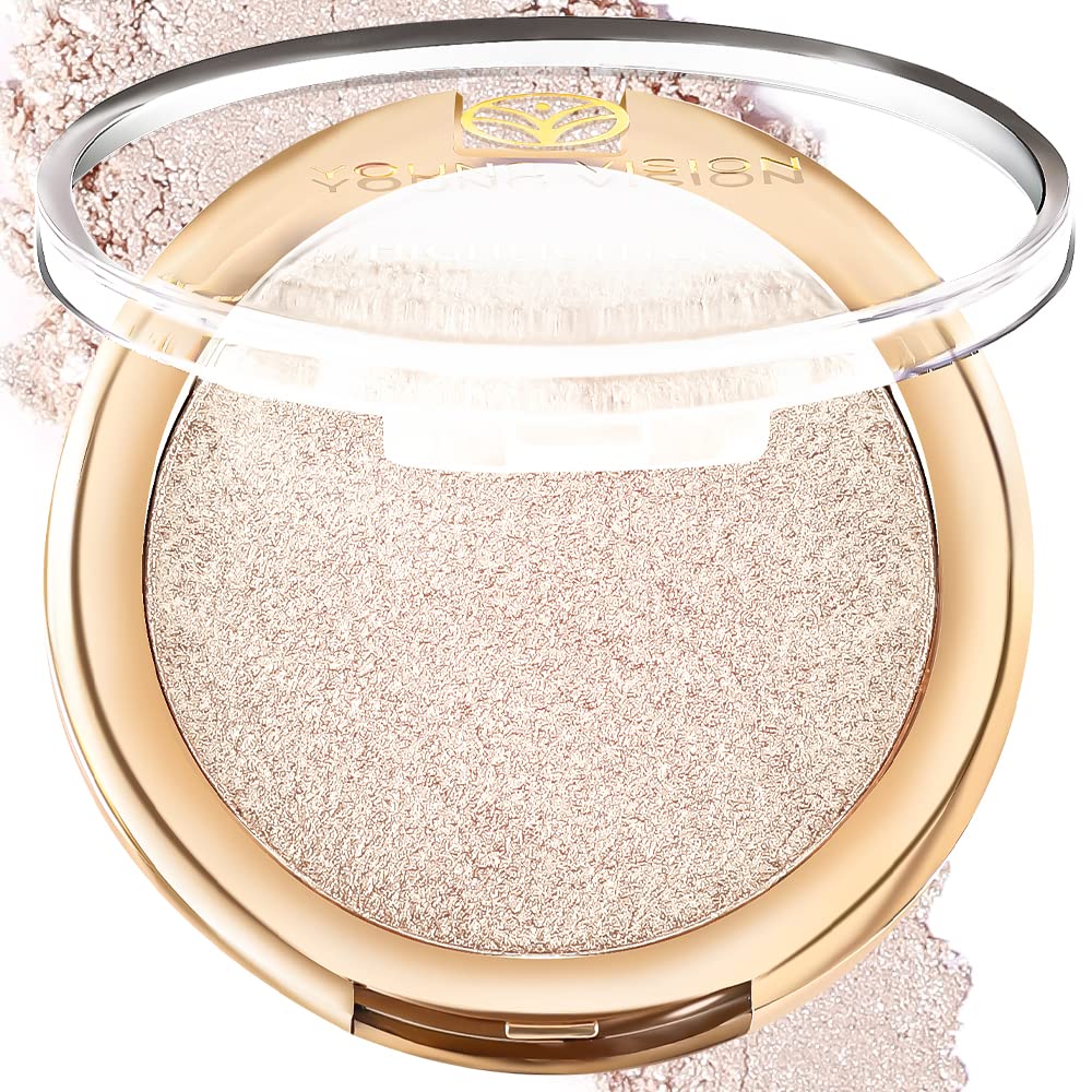 YOUNG VISION Pressed Powder Highlighter, Baked Natural Glow Contour Powder & Face Highligher, Cruelty-Free, Shimmer Highlighting Makeup for Face, Eye, Eyeshadow, Body, Skin (White)