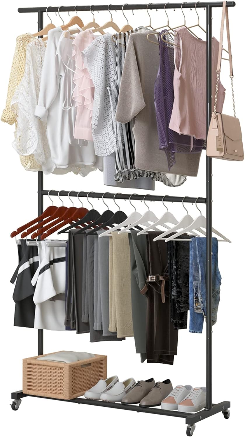 Sywhitta Double Rod Clothing Garment Rack, Rolling Clothes Organizer on Wheels for Hanging Clothes, Easy to Assemble, Adjustable, Black