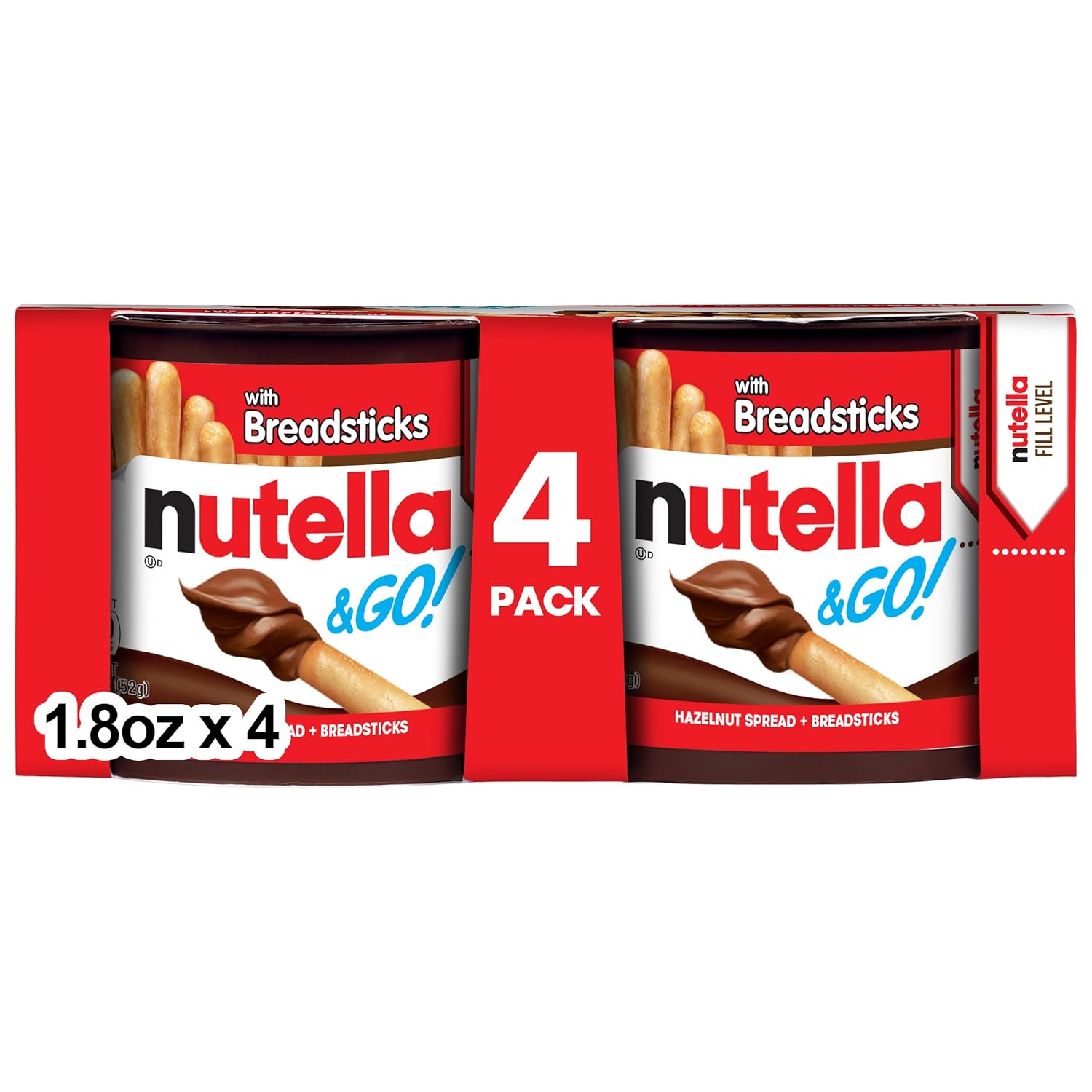 Nutella & GO! 4 Pack, Hazelnut and Cocoa Spread with Breadsticks, Snack Cups, 1.9 oz Each
