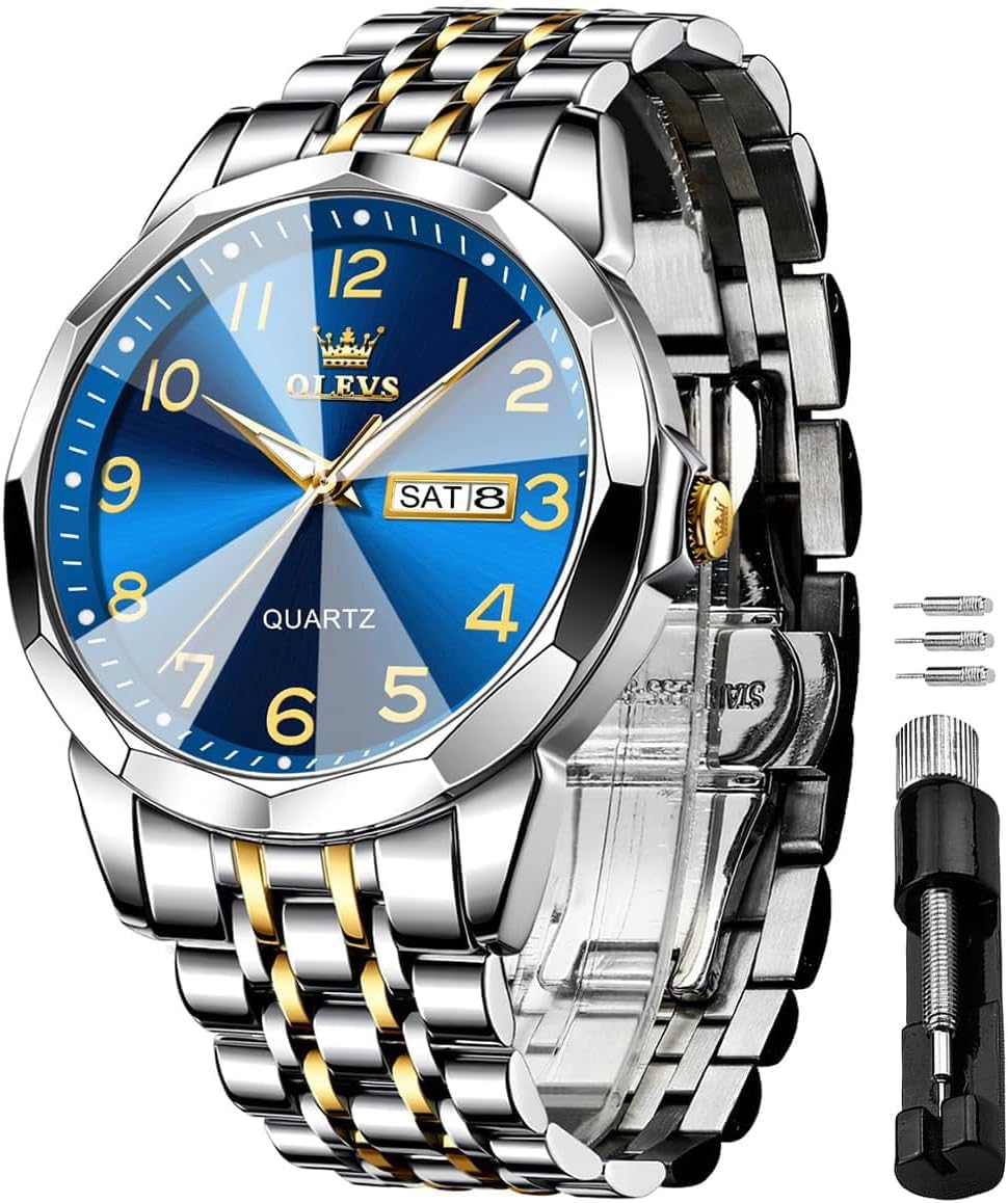 OLEVS Watches for Men Stainless Steel Analog Quartz Waterproof Luminous Luxury Dress Date Diamond Business Casual Mens Wrist Watch(Gold/Blue/Black/White Dial)