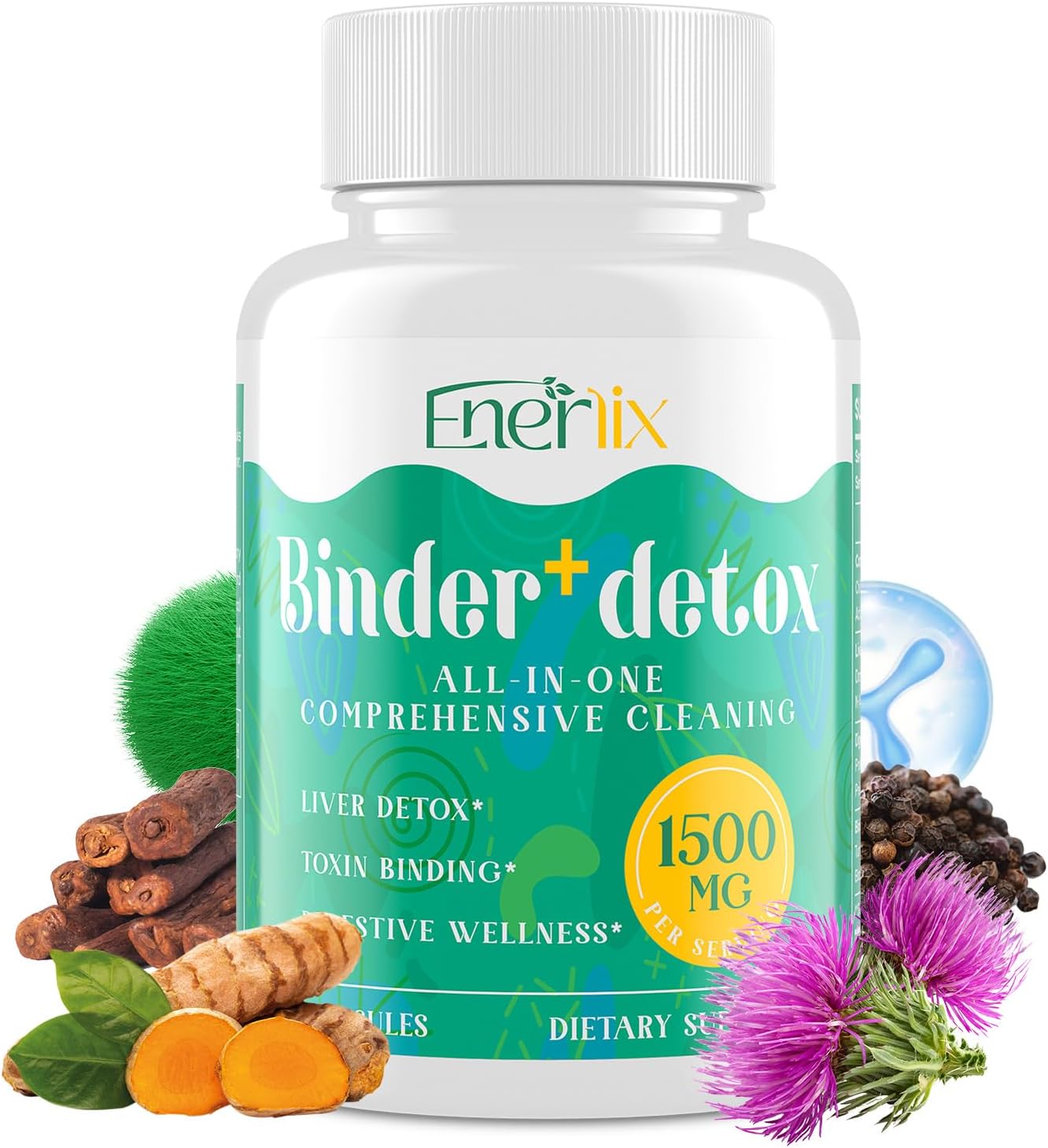 Enerlix 15-in-1 Detox Binder, Activated Charcoal, Zeolite & Bentonite Clay, Chlorella, 1500 MG Detox Supplement Maximum Absorbent, Liver Gut Digestive Detox Cleanse, 90 Vegan Capsules