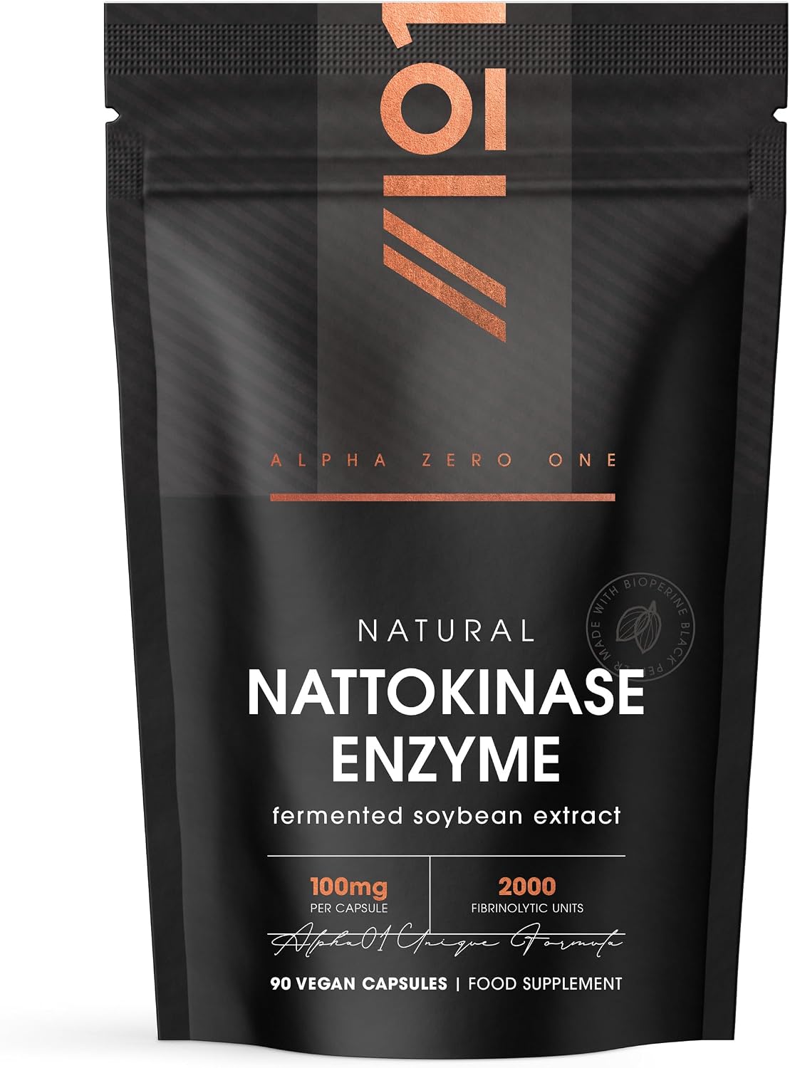 Nattokinase 100mg (2000 FU) – Made with BioPerine® for Enhanced Abosorption - 90 Vegan Capsules (3 Months Supply) - Resealable and Recyclable Pouch by Alpha01