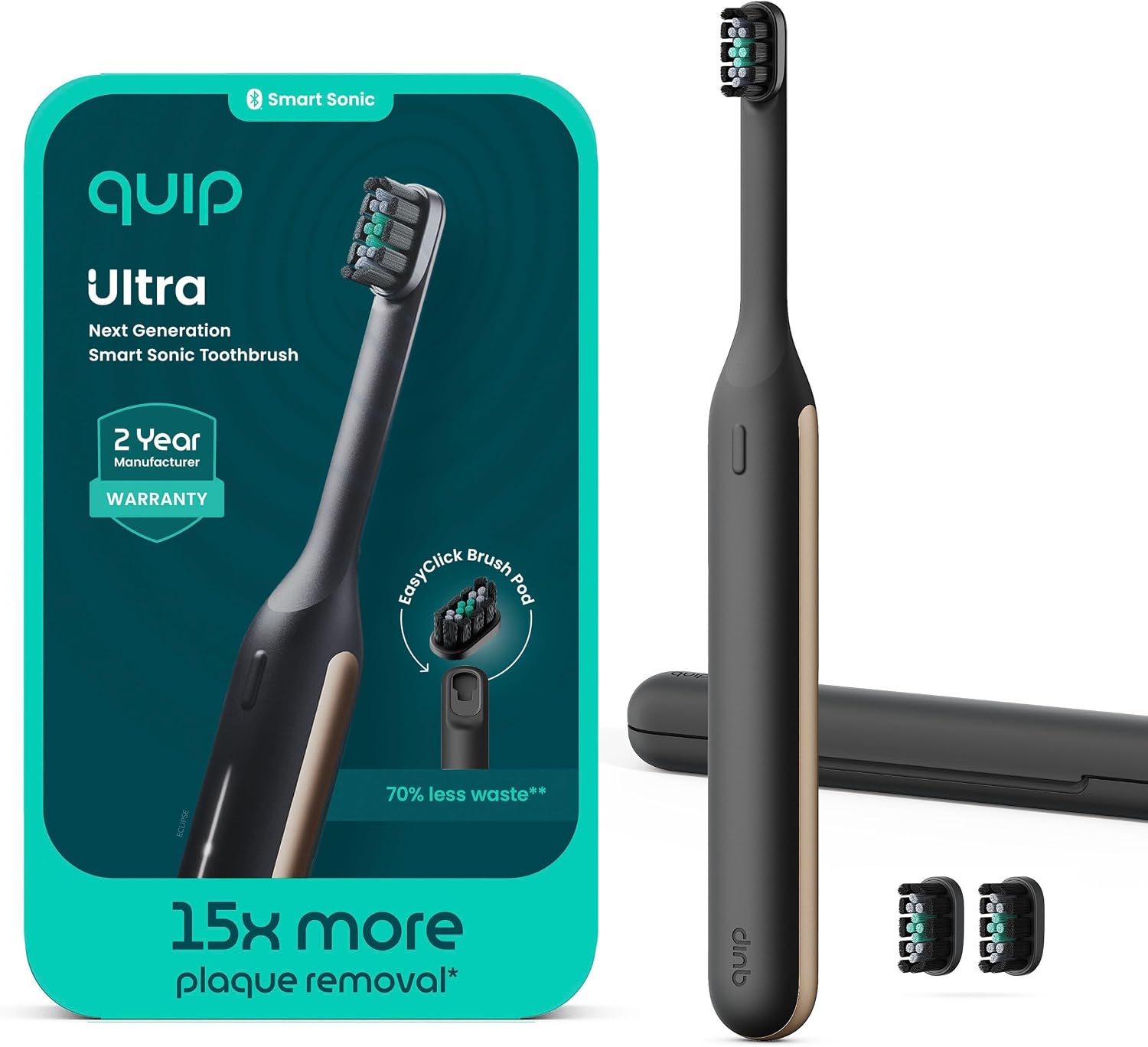 Quip Ultra Next Generation Smart Toothbrush - Timed Electric Toothbrush with Case - Replaceable Brush Head, Soft Bristles, Silicone Handle, 30-Day Battery Life - Travel Toothbrush - Eclipse