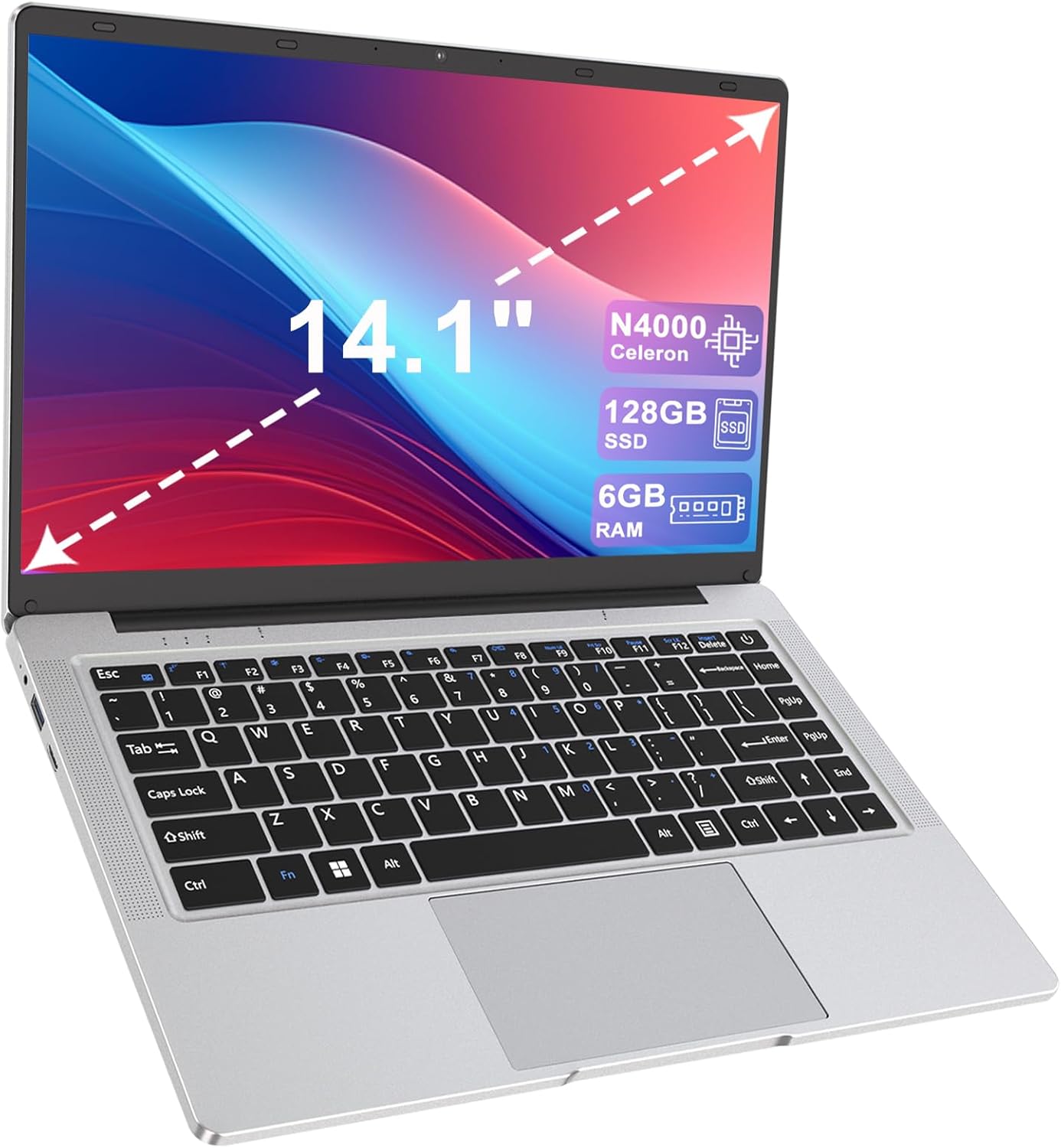 14" Laptop - Celeron N4000 Dual-Core Up to 2.6GHz,6GB RAM,128GB SSD,Silent Fanless Design,Fast Dual-Band WiFi,Bluetooth 5.0,USB 3.0,Mini-HDMI – Ideal for Home,Study & Office