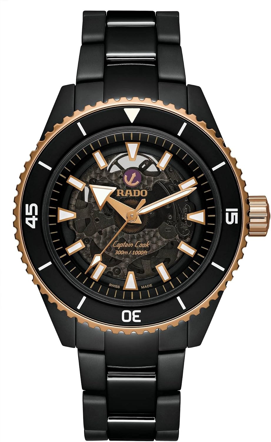 Rado - Captain Cook - 43 mm- Men - Swiss Watch - High-Tech Ceramic - Automatic – Matte Black and Rose Gold