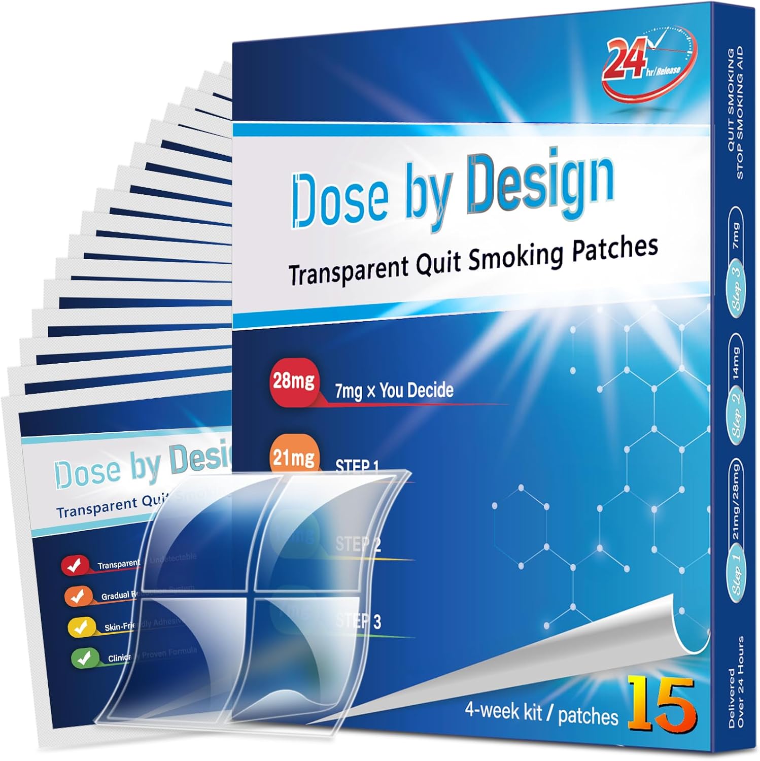 Nicotine Patches - Transdermal System Transparent Patch - Smoking or Vaping Quitting Aid - Step 1-21mg (Step 1-28mg-15 Phtches)
