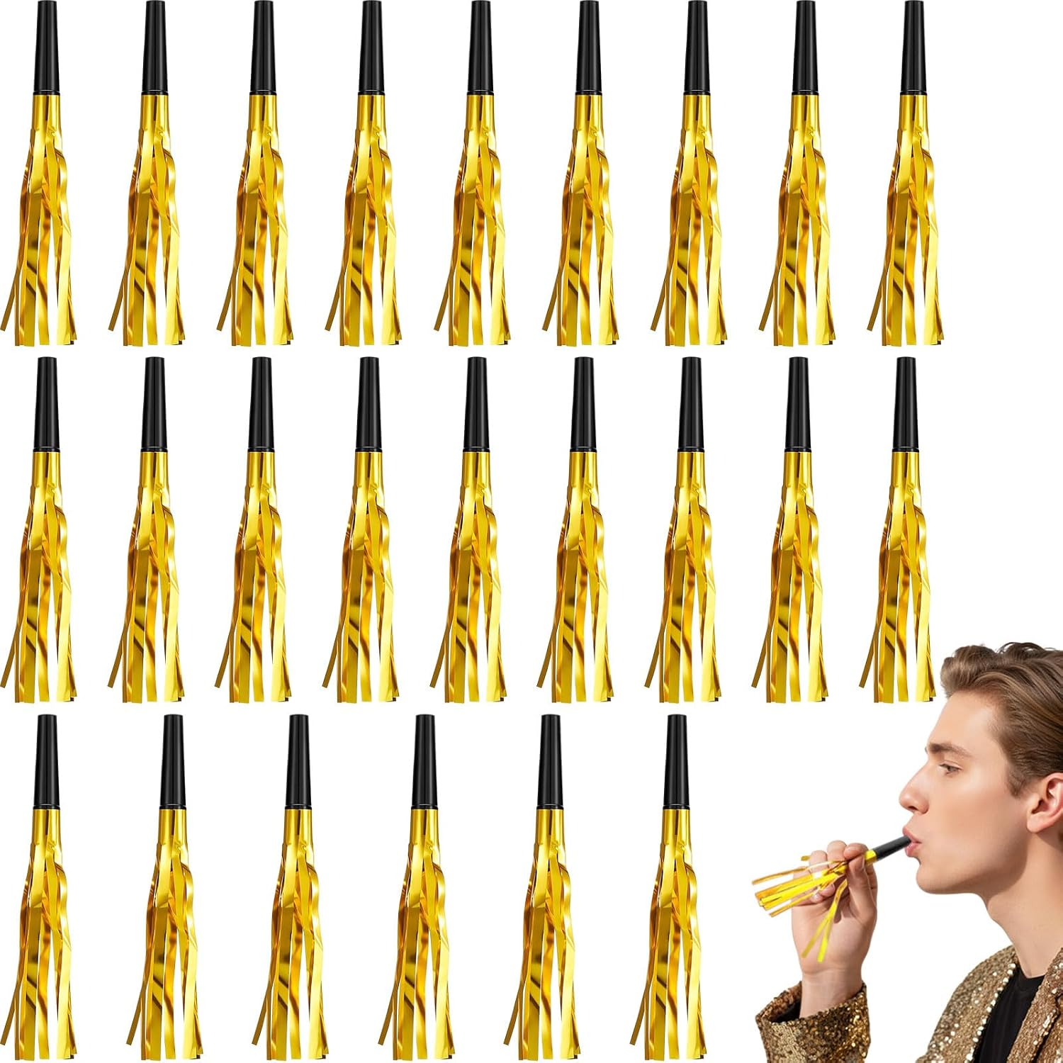 Sumind 24 Pcs Noise Makers Gold Metallic Fringed Party Blowers
