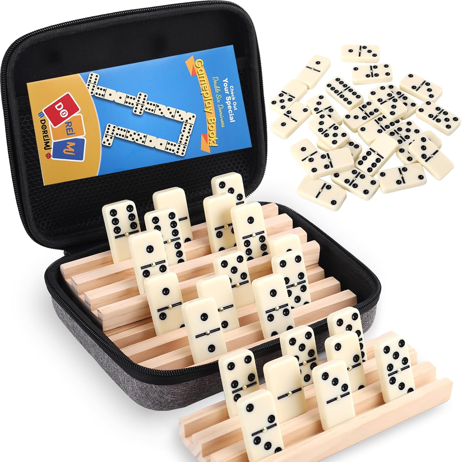 Doreimi Double 6 Dominoes Set, 28 Tiles, 4 Wooden Racks, Travel Case