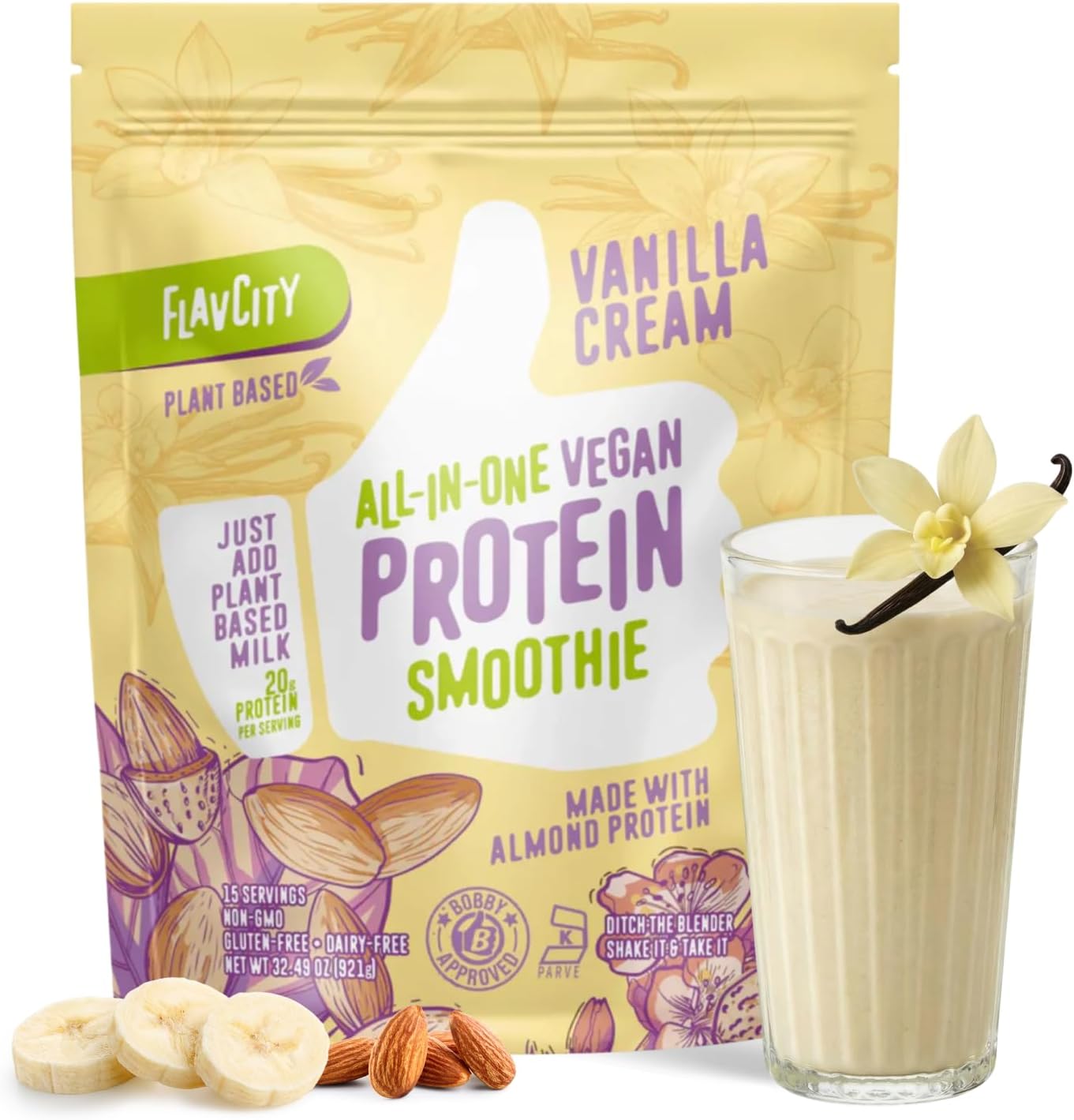 FlavCity Vegan Almond Protein Shake Powder, Vanilla Cream + Reishi & Cordyceps Mushrooms - Focus, Skin, Hair & Joint Support - Organic Fruit All in One Smoothie On-the-Go, 20 Servings