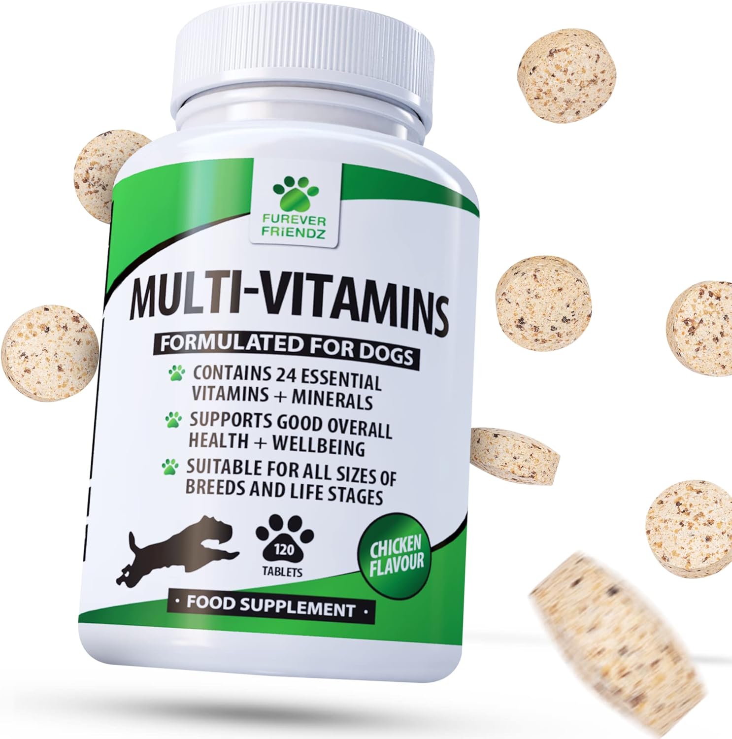 Furever Friendz Daily Multivitamin Dog Supplement - 120 Chewable Chicken Flavour Tablets – Dog Vitamins and Supplements - 24 Nutrients, Vitamins For Dogs Helps with Brain, Heart & Joint Function