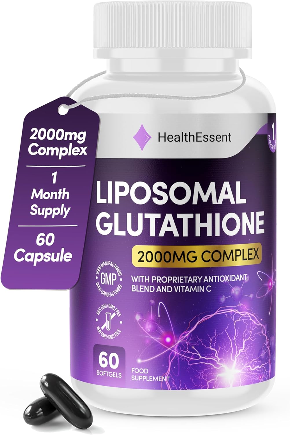 Liposomal Glutathione, Superior Bioavailability 2000mg Blend, with Proprietary Antioxidant Complex – Hyaluronic Acid, Collagen, Alpha Lipoic Acid – Strong Antioxidant – 60 Softgels by HealthEssent