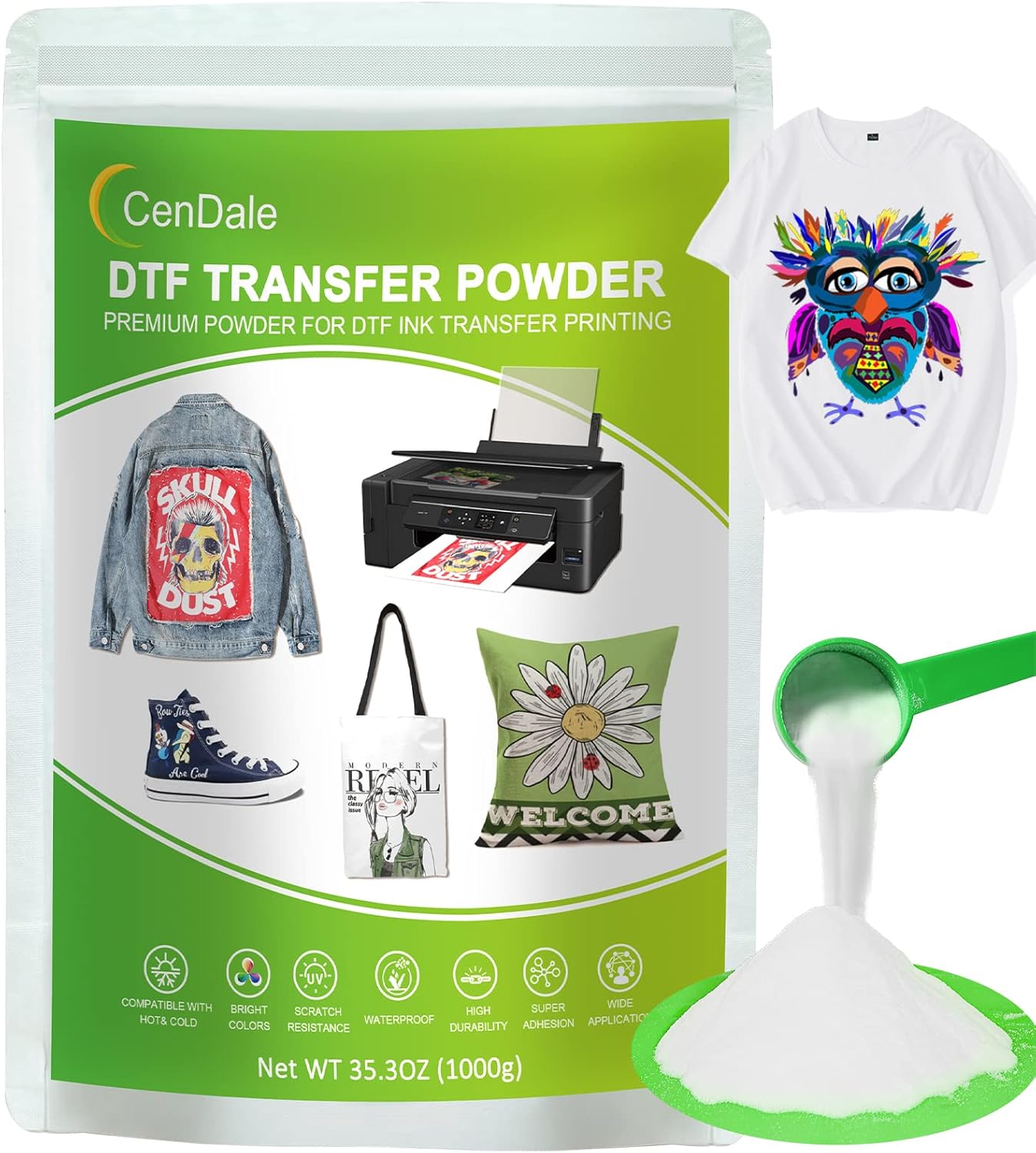 CenDale DTF Powder, 1000g White, Digital Transfer Hot Melt Adhesive, DTF PreTreat Transfer Powder, Compatible with All DTF & DTG Printers, All Ages, Not Foldable
