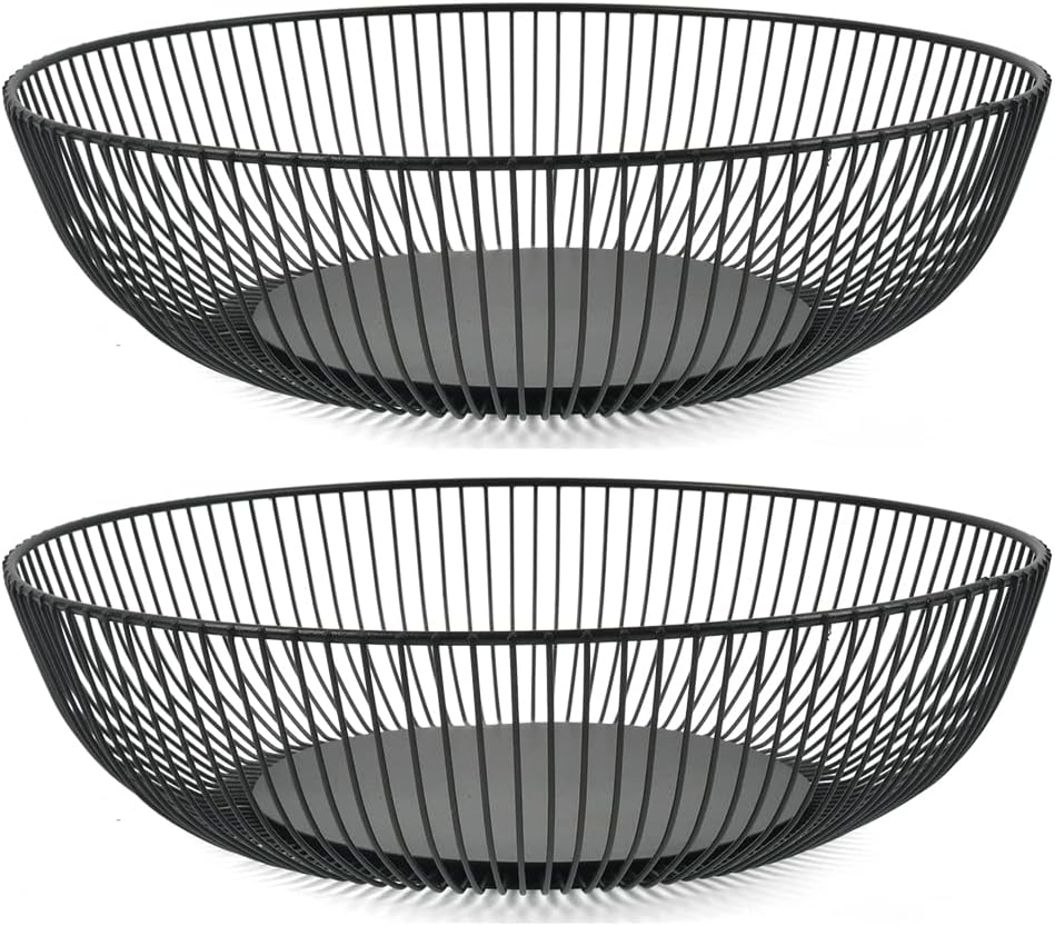 2PCS Black Wire Fruit Basket, Black Fruit Bowls, Basket Metal Wire for Fruit Countertop Bowl Fruit 28x7.5cm Countertop Metal Fruit Bowl, Modern Wire Large Fruit Round Basket for Fruits Vegetable Snack