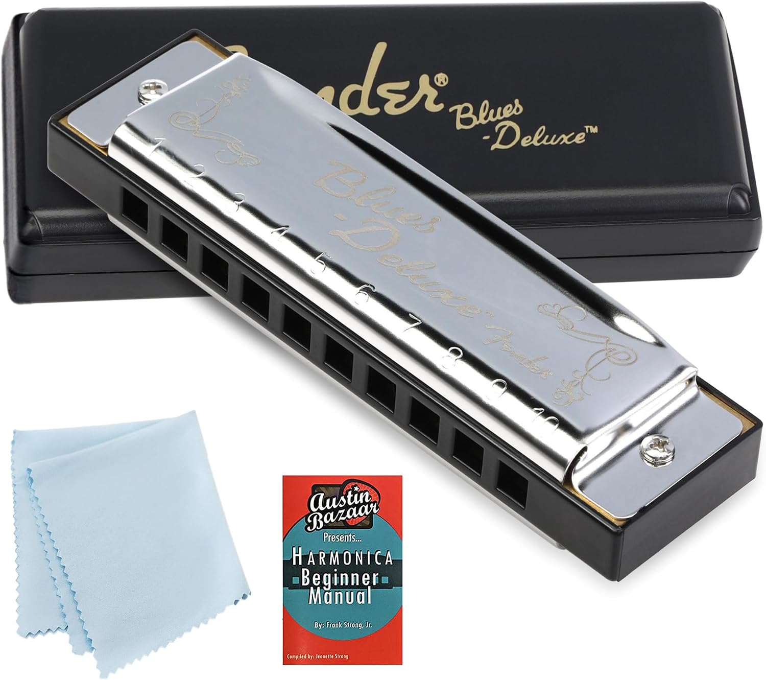 Fender Blues Deluxe Harmonica - Key of C Bundle with Carrying Case, Austin Bazaar Online Manual, and Polishing Cloth