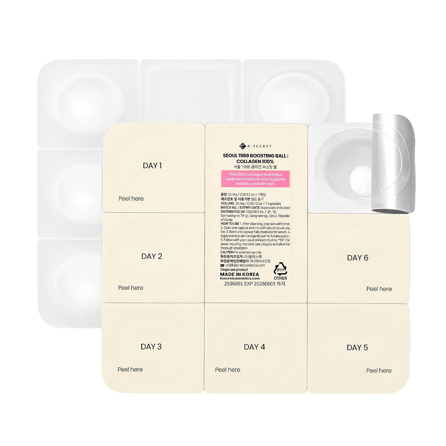 K-SECRET SEOUL 1988 Collagen Boosting Ball – Freeze-Dried 100% Hydrolyzed Collagen | Deep Hydration & Nourishing Care for Fine Lines & Dry Skin | Korean Skincare, 7 Capsules