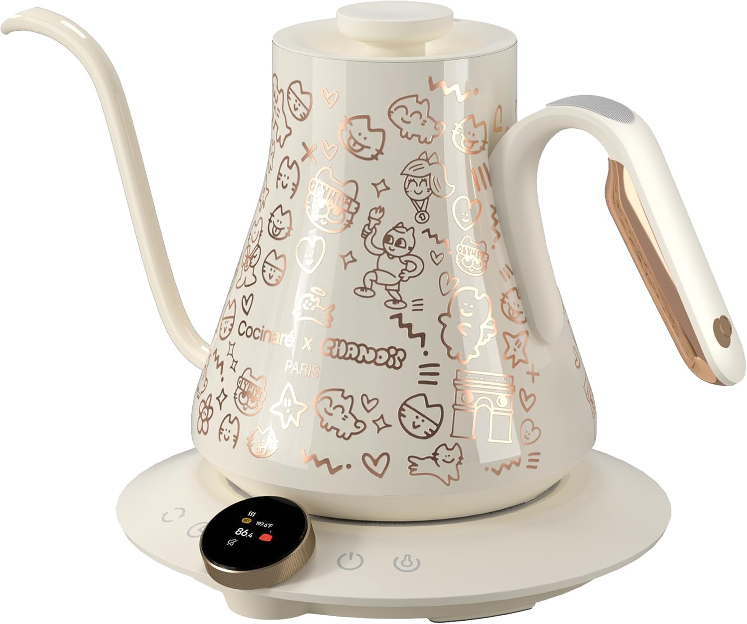 Cocinare x Chanoir FLOW M9 Pro Electric Kettle, Art de Paris Collaboration, ±0.5℉ Precise Temp Control for Coffee & Tea, Stainless Steel Interior, Fast Heating for Boiling Water (Chanoir White)