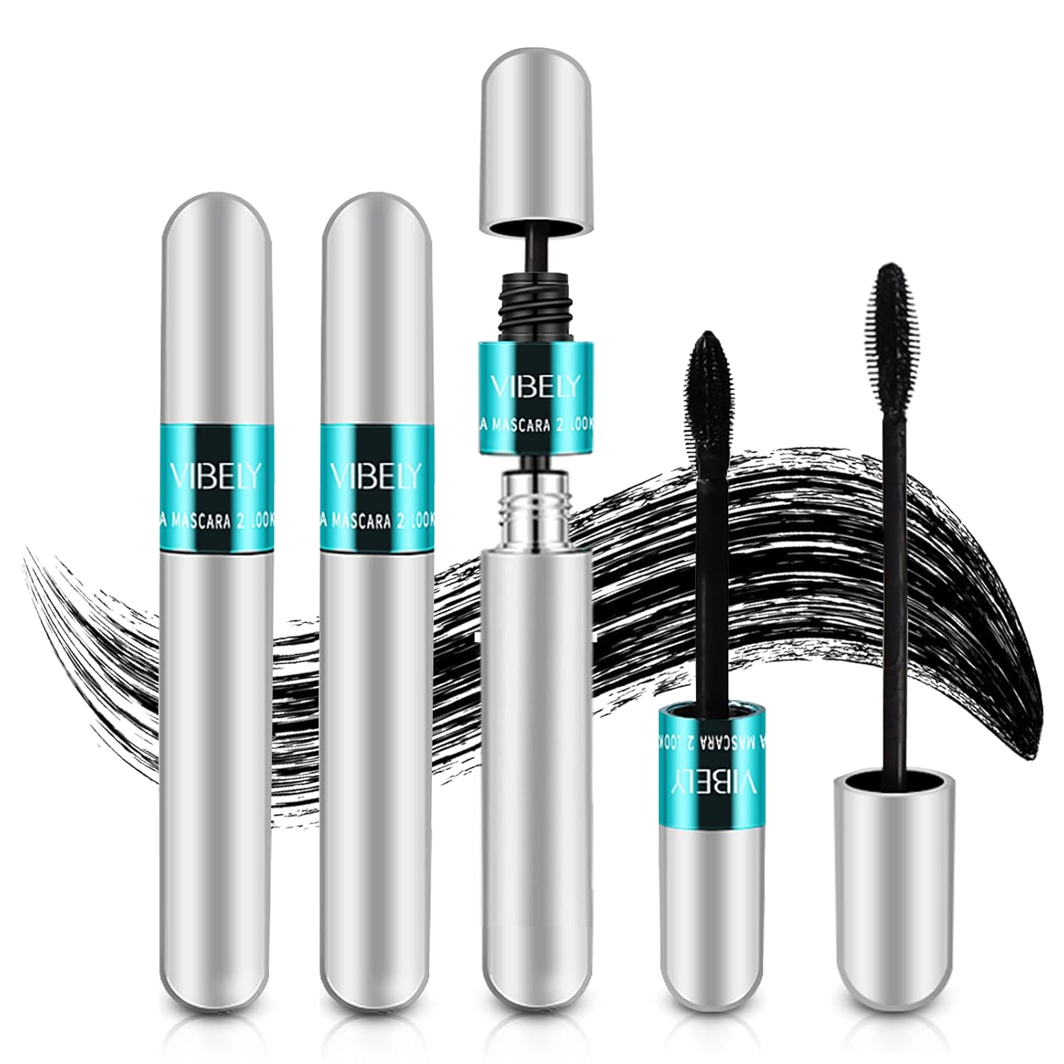Lash Cosmetics Vibely Mascara, Vibely Mascara 5x Longer Waterproof, 2 in 1 Thrive Mascara Vibely Mascara, 4d Silk Fiber Lash Mascara, Washable Natural Lengthening and Thickening No Clumping Black