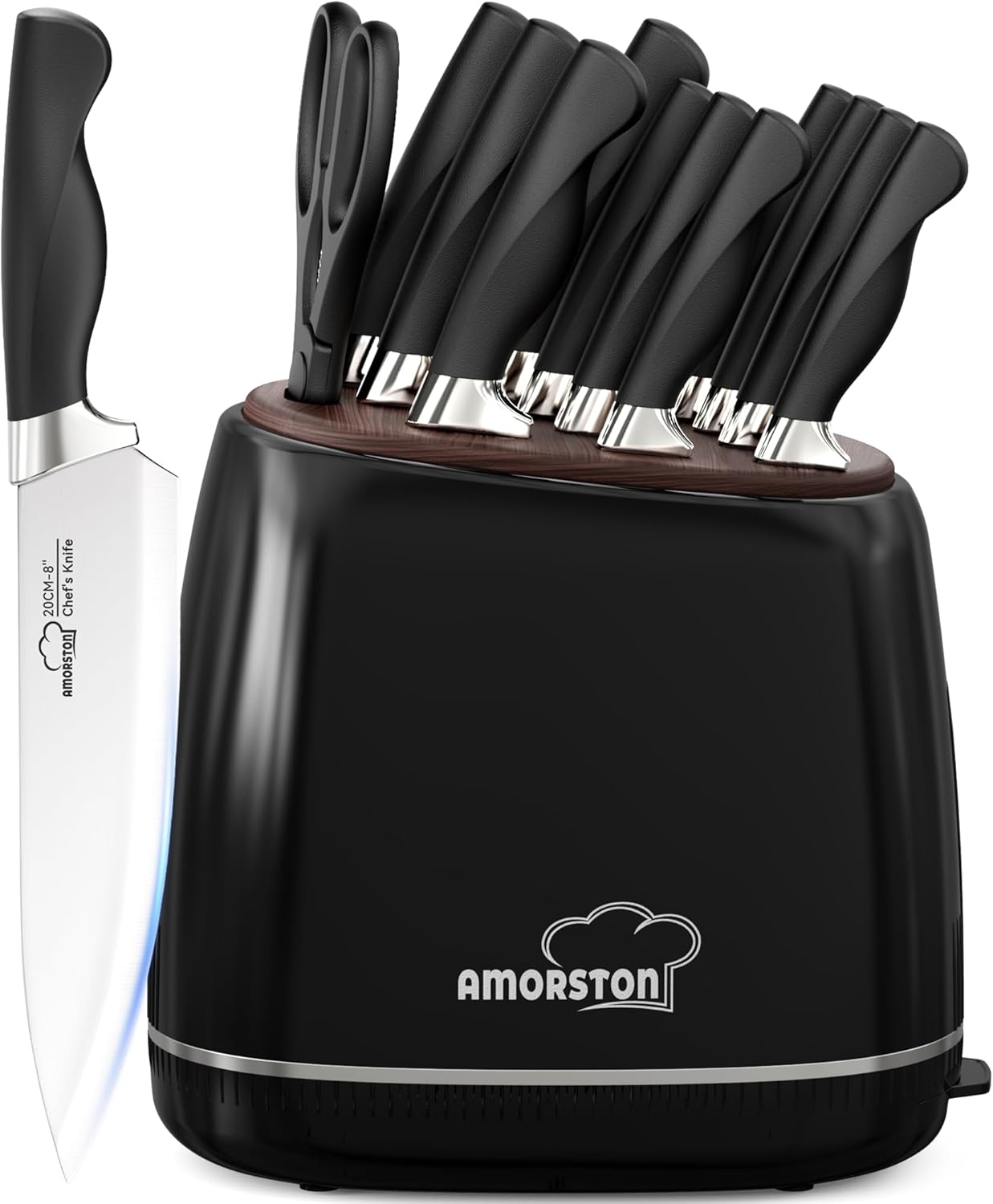 Knife Set, 14 Pcs Kitchen Knives Block Set for Mirror Blade Design, German Stainless Steel Knife Sets with Sharpening Stone, Dishwasher Safe Perfect Holiday Gifts for Kitchen, Black