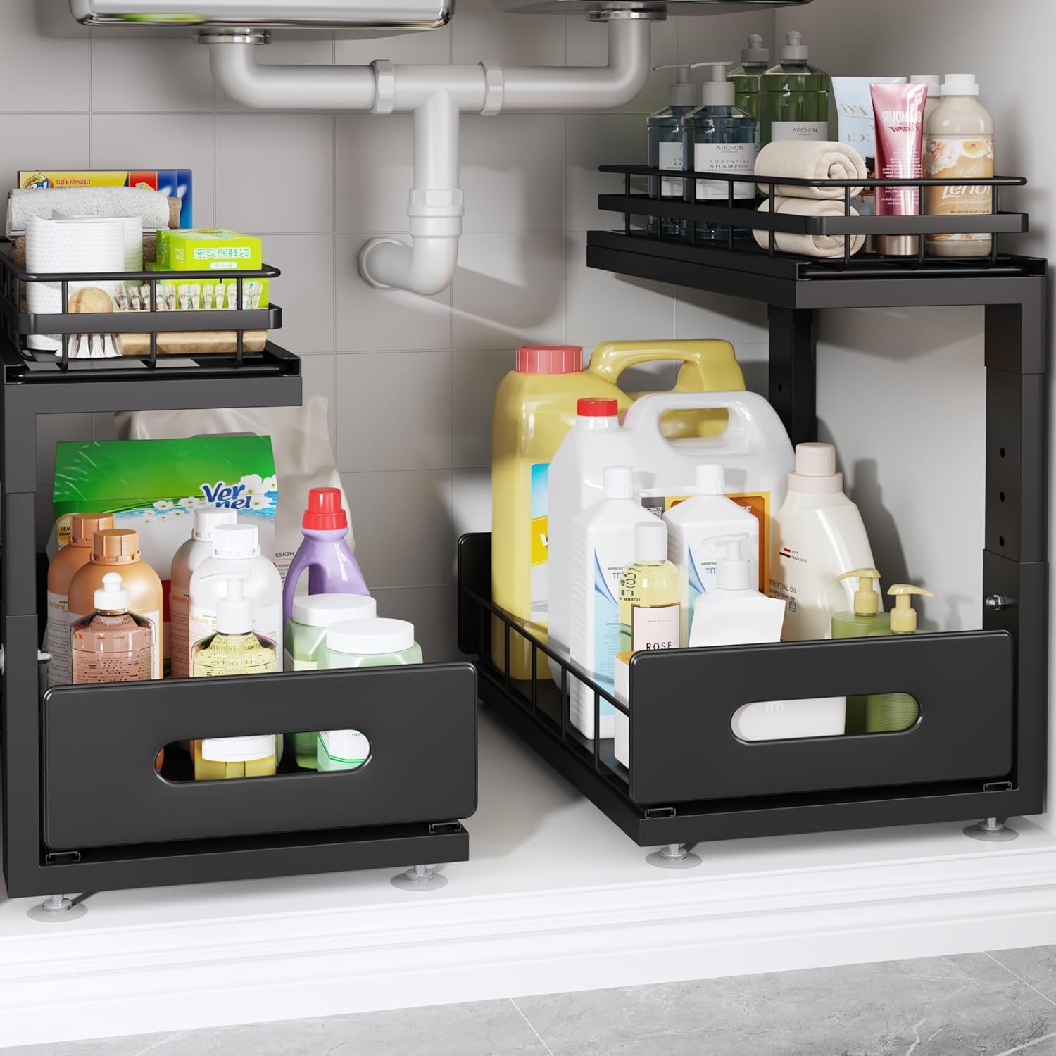 2 Pack Under Sink Organizer Upgrade To Professional Rails,2-Tier Dual Pull Out Cabinet Storage,Height Adjustable Slide Out Drawers For Bathroom Kitchen,Under Sink Shelf (Patent Registered)