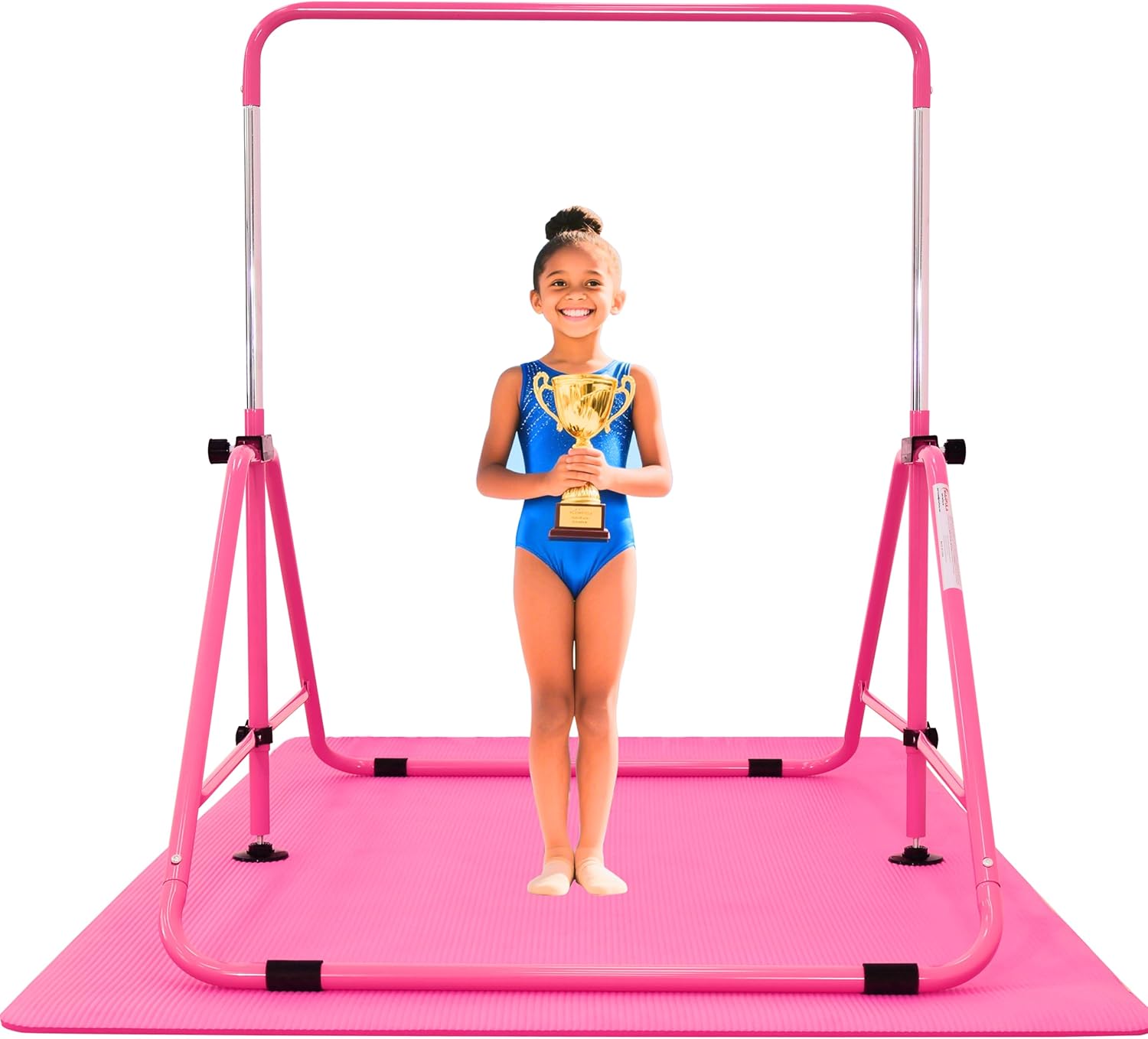 MARFULA Foldable Gymnastic Bar for Kids Ages 3-9, 9 Height Levels, 200 lbs Weight Capacity, 5 Ft Length Gymnastic Kip Bar with Mat, Gymnastic Equipment for Home and Gym Center Indoor Outdoor Use