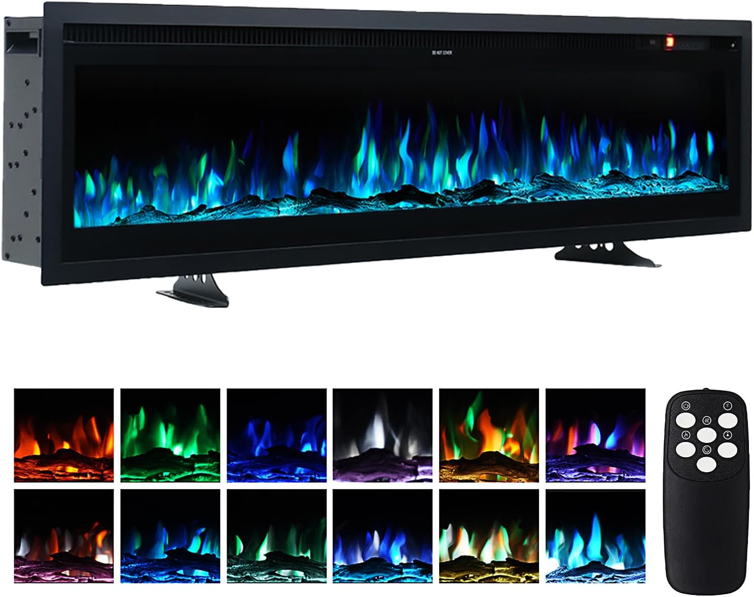 WarmieHomy 50inch/127cm Electric Fire Insert/Wall Mounted/Freestanding Electric Fireplace with Remote Control, 9 LED Color Flame Effect Media Wall Fire, 2 Heat Modes 900W&1800W, Crystal & Log Set