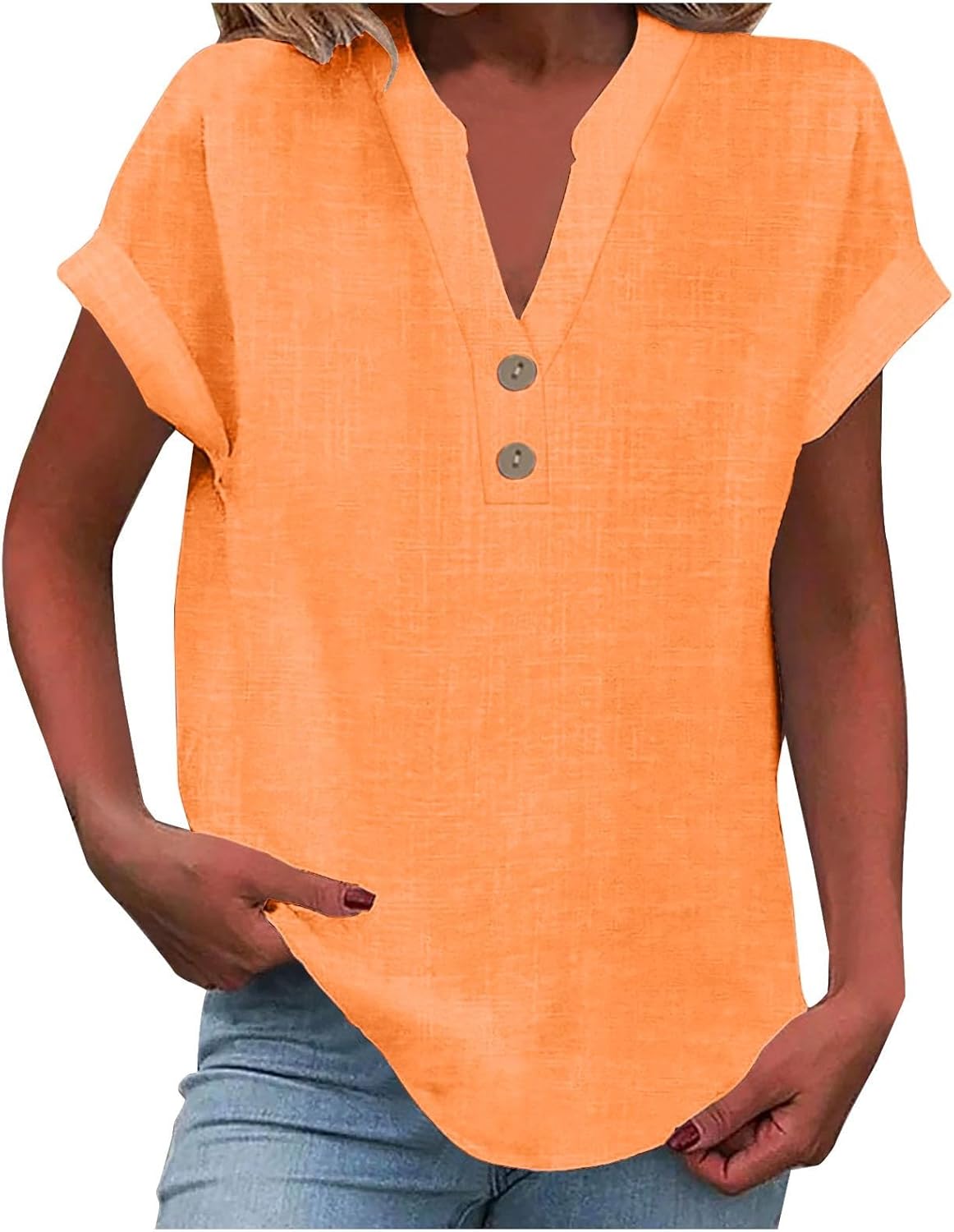Linen Shirt for Women Summer Button Down Short Sleeve V Neck Tops Solid Color Comfy Blouses Casual Dressy Tunic Tees