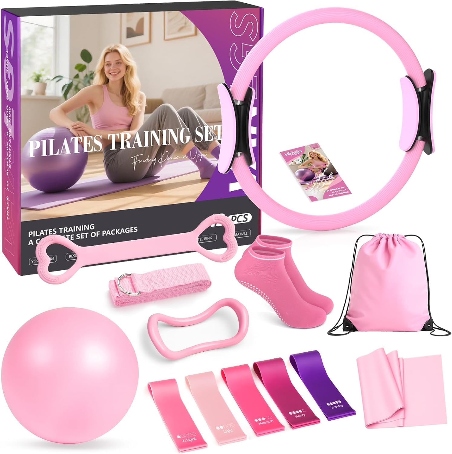 Pilates Kit 13Pcs Home Pilates Essentials Workout Kit with 13" Ring, 10" Ball and Resistance Bands for Women at Home Pilates Equipment Set for Beginners