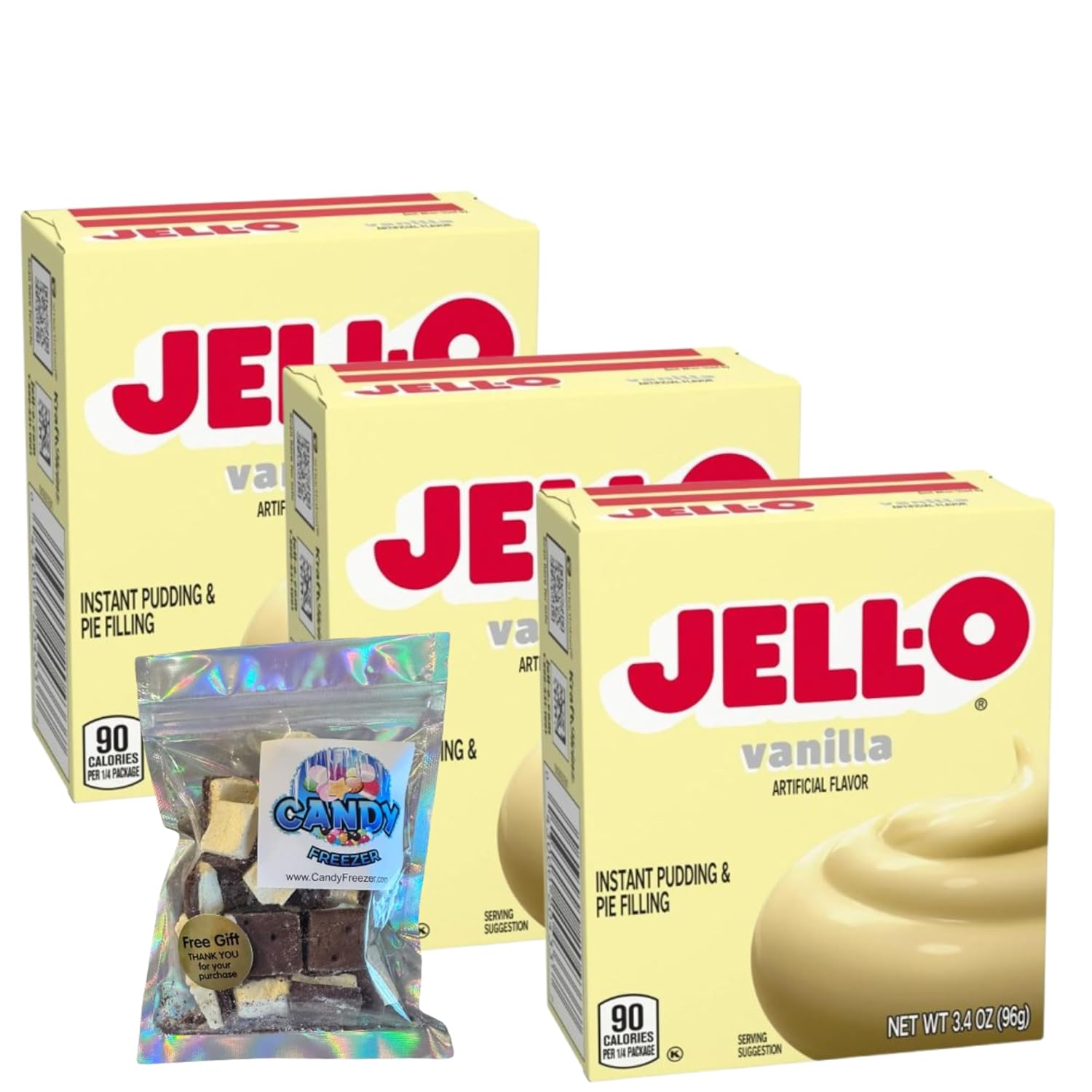 Jell-O Instant Pudding & Pie Filling Mix 3.4 oz Box (Pack of 3) with Candy Freezer 1 oz Freeze Dried Ice Cream Bites (Vanilla) - Candy