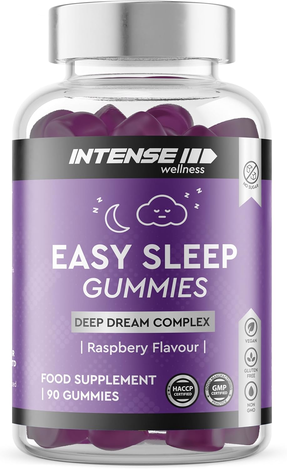 INTENSE Wellness 90 Easy Sleep Gummies – Natural Non-GMO/Vegan Herbal Sleep Gummies – Sugar Free Sleep Aid Dietary Supplements – Chewable Raspberry Flavoured