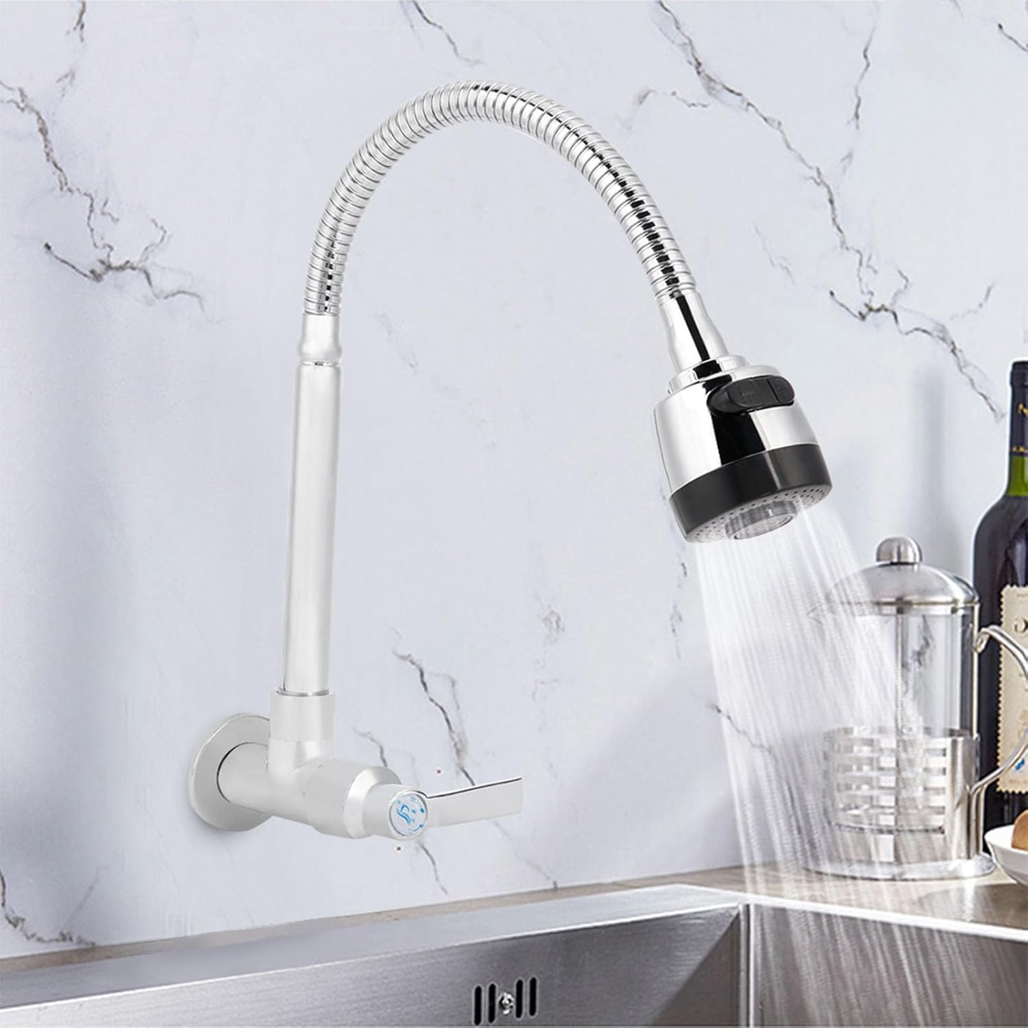 Kitchen Sink Faucet, Wall Mount Single Lever Faucet 360 Degree Swivel Mixer Water Tap for Home Bathroom Laundry Room Restaurant