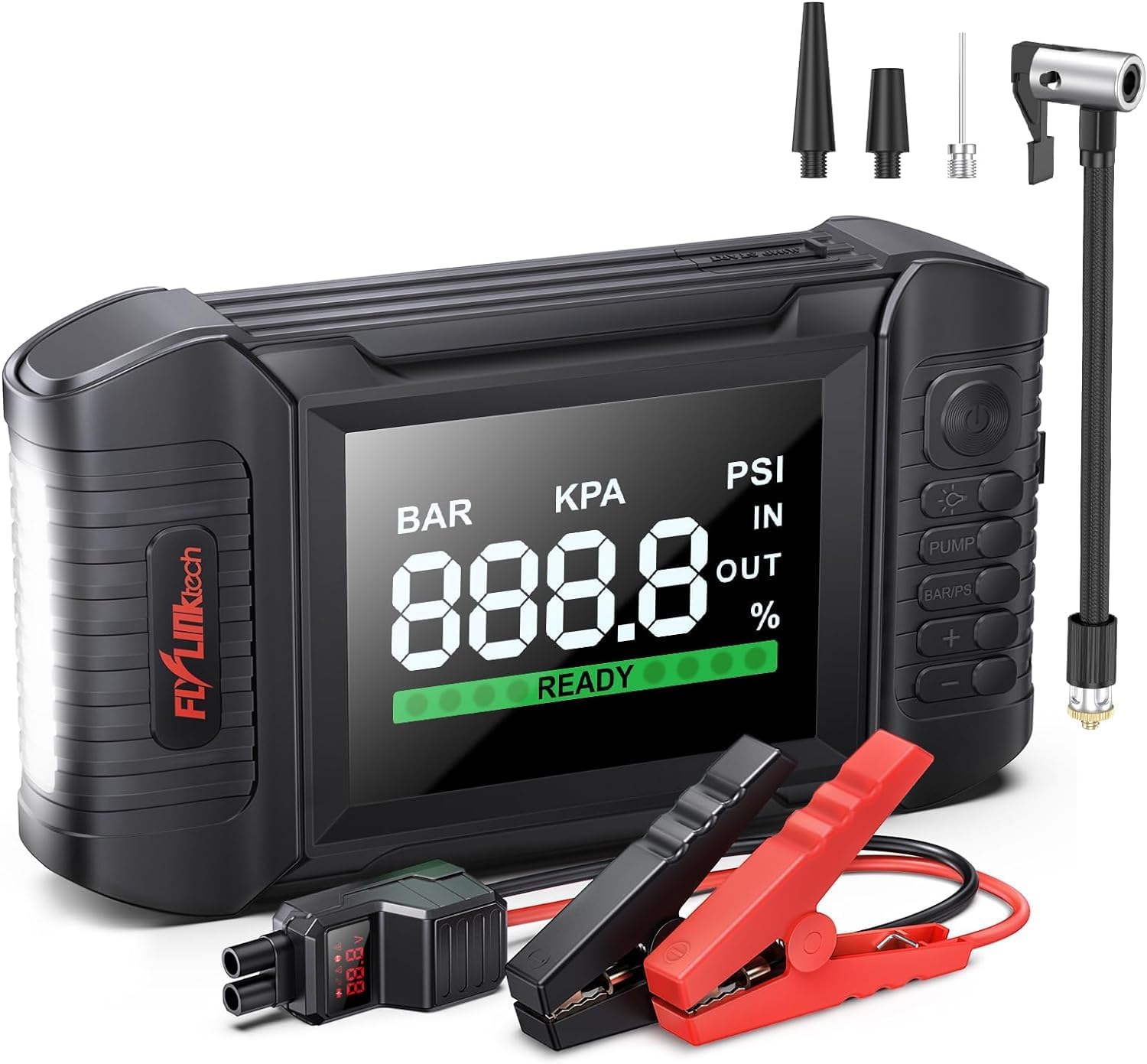 Jump Starter Power Pack with Air Compressor, FLYLINKTECH 6000A Portable Car Battery Booster (All Gas/10.0L Diesel), Jump Starter and Tyre Inflator Power Pack with Jump leads, Emergency Light