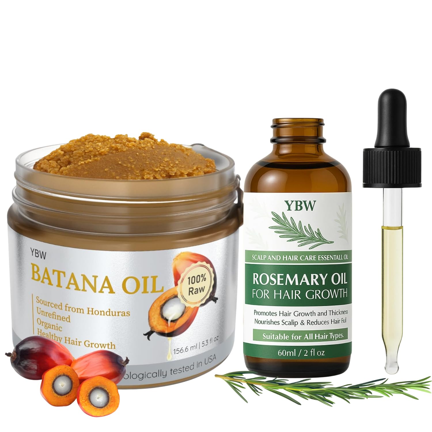 YBW Batana Oil & Rosemary Oil for Hair Growth Bundle – Raw Batana Paste + Organic Rosemary with Biotin & Castor for Hair Growth, Scalp Nourishment & Thicker, Stronger Hair