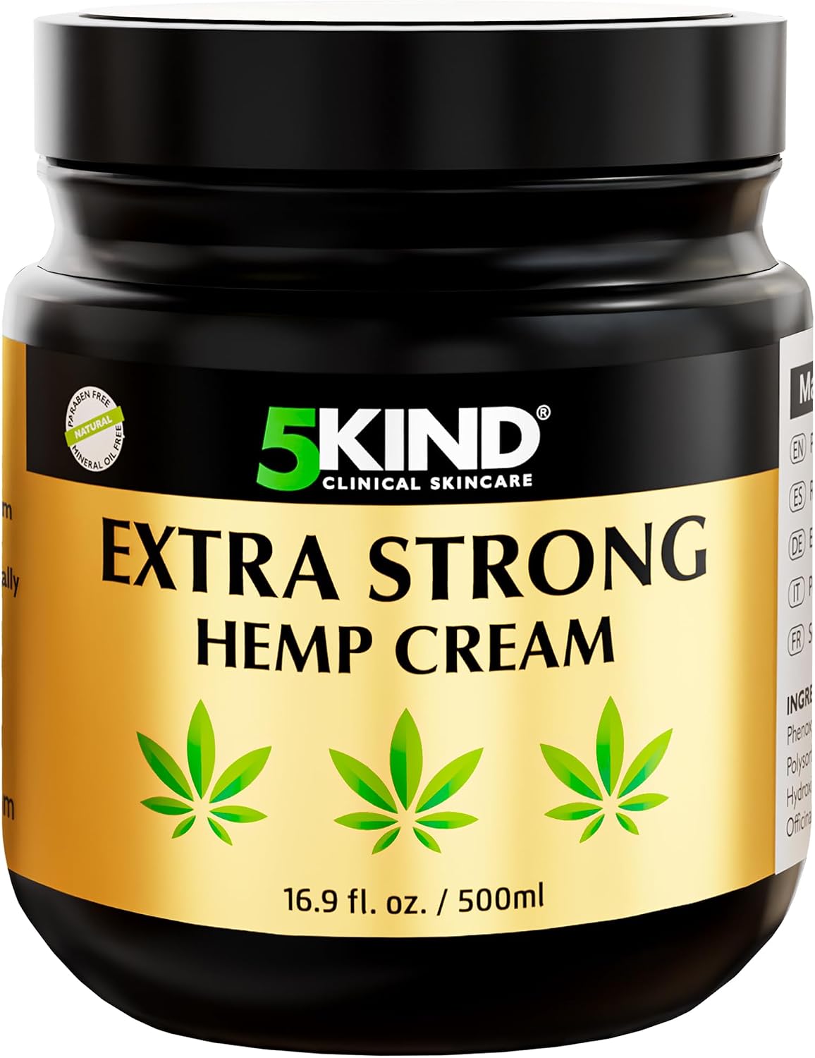 5kind Extra Strong Hemp Cream 500ml - High Strength Hemp Oil and Arnica Cream - for Massaging Joints & Muscles, Lower Back, Feet, Knees, Neck & Shoulders - Rich in Natural Extracts