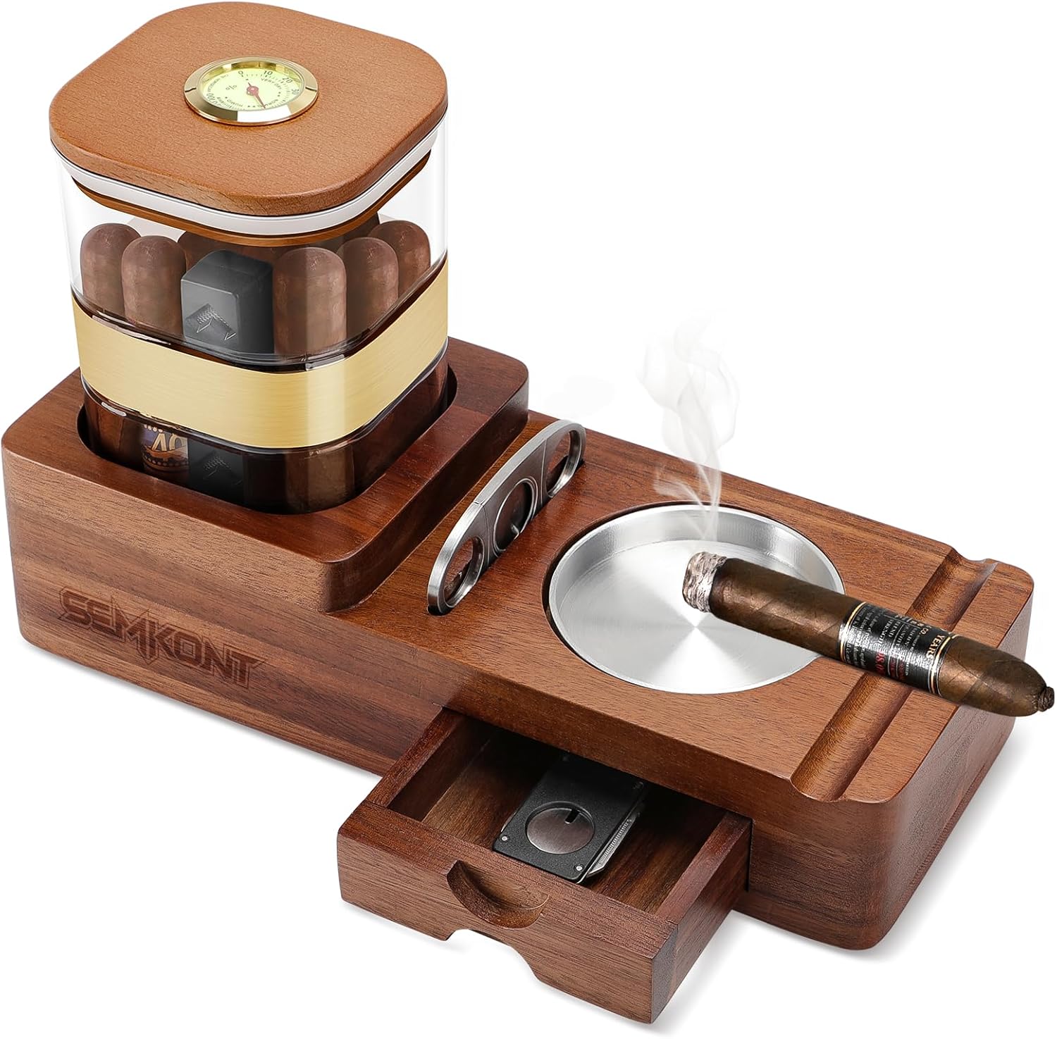 Cigar Humidor and Ashtray Set,Wooden Tray with Acrylic Humidor Jar,Cutter Holder,Drawer,Slot and Cigar Cutter Accessories,Home Gift Sets for Men (Brown-Square)