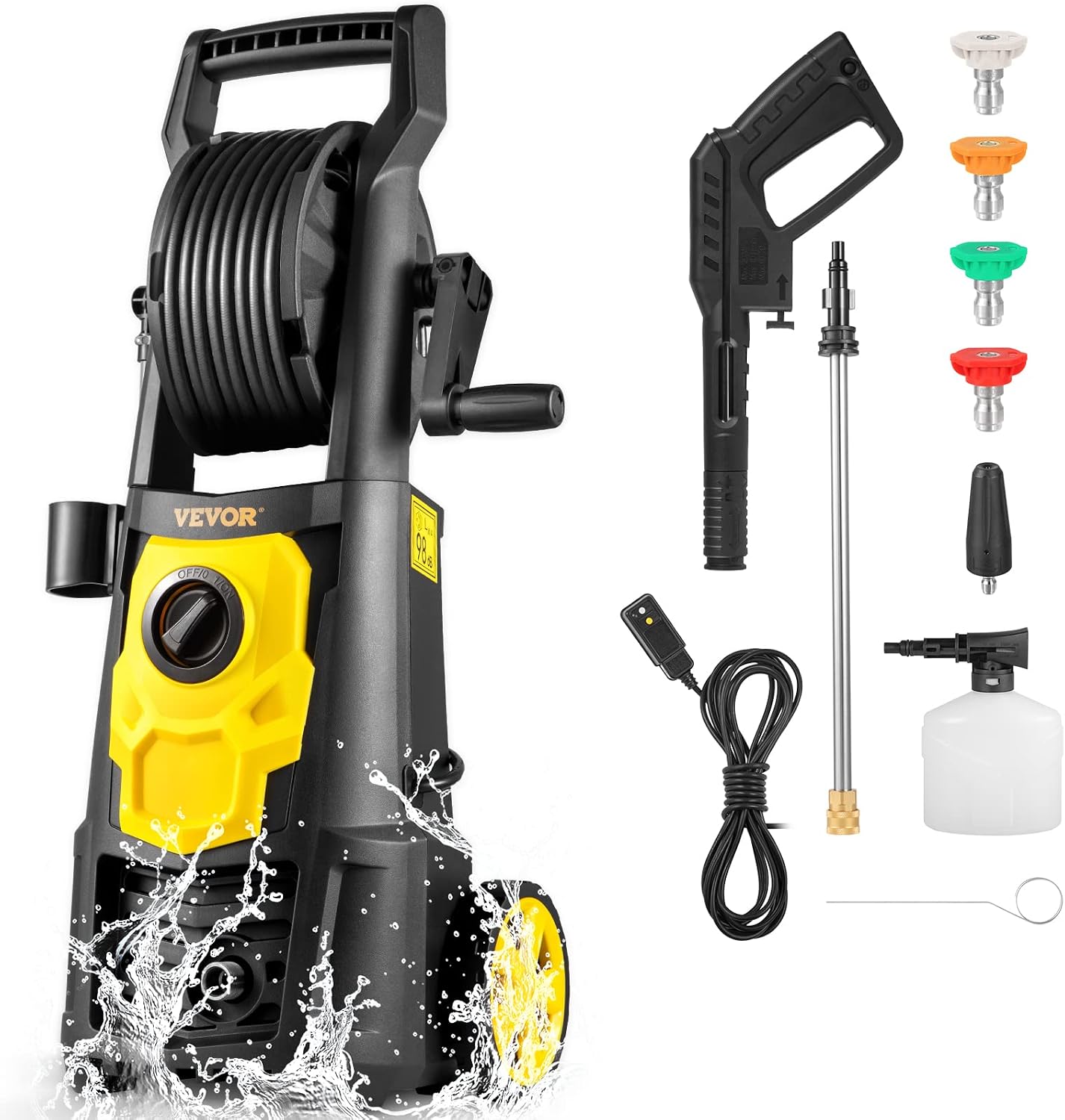 VEVOR Electric Pressure Washer, 2000 PSI, Max 1.65 GPM Power Washer w/ 30 ft Hose & Reel, 5 Quick Connect Nozzles, Foam Cannon, Portable to Clean Patios, Cars, Fences, Driveways, ETL Listed