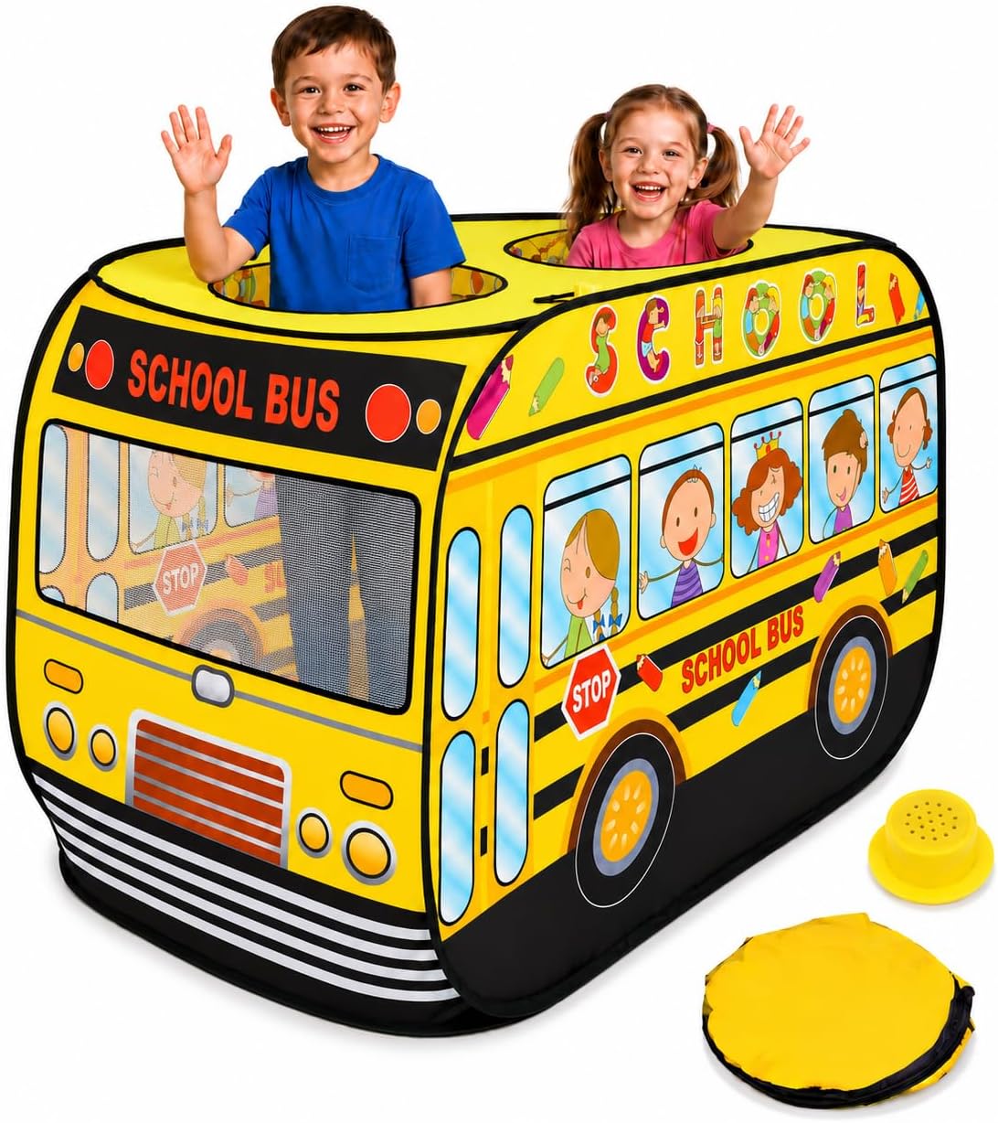 School Bus Pop-Up Play Tent for Toddlers, Indoor Kids Tent with Carry Bag