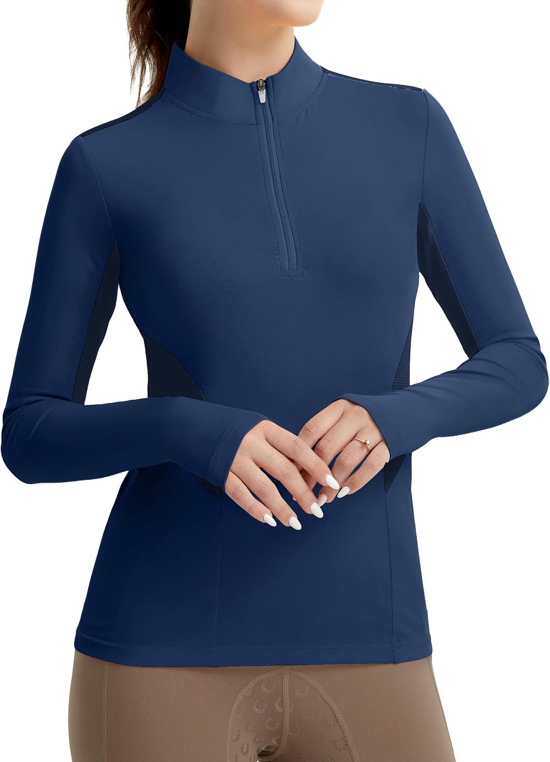 FitsT4 Sports Womens Equestrian Shirts Thumbholes Long Sleeve Horse Riding Shirts Quick Dry UPF50+ Riding Top Half Zip